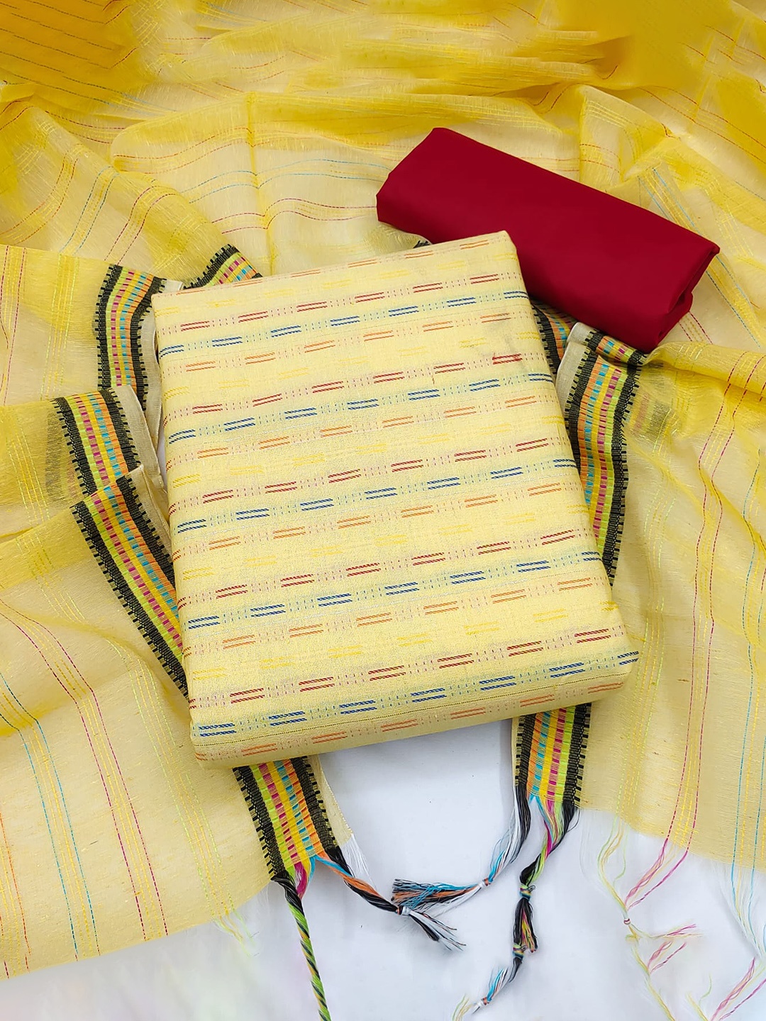 

MANVAA Striped Unstitched Dress Material, Yellow