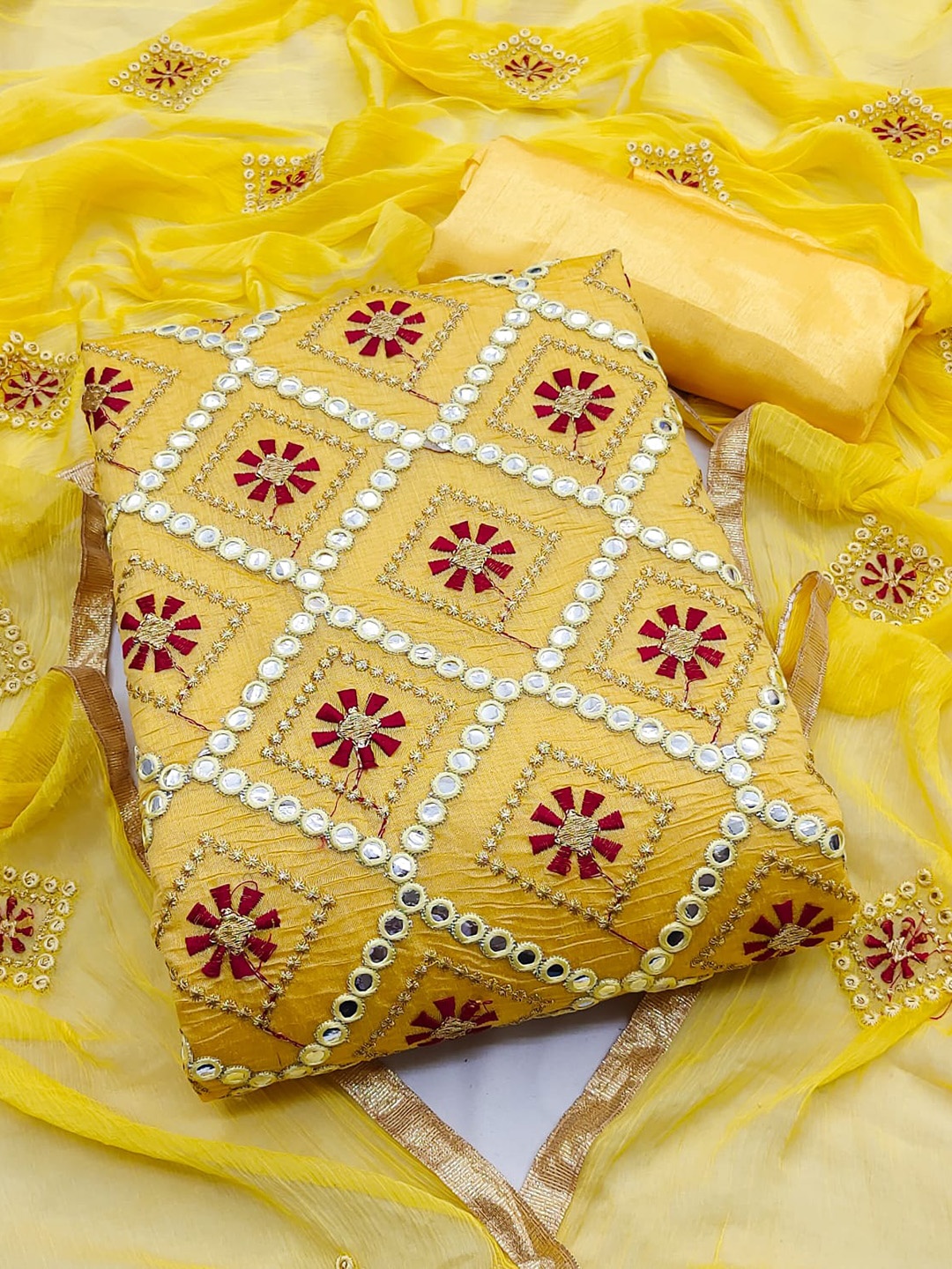 

MANVAA Geometric Embroidered Mirror Work Unstitched Dress Material, Yellow