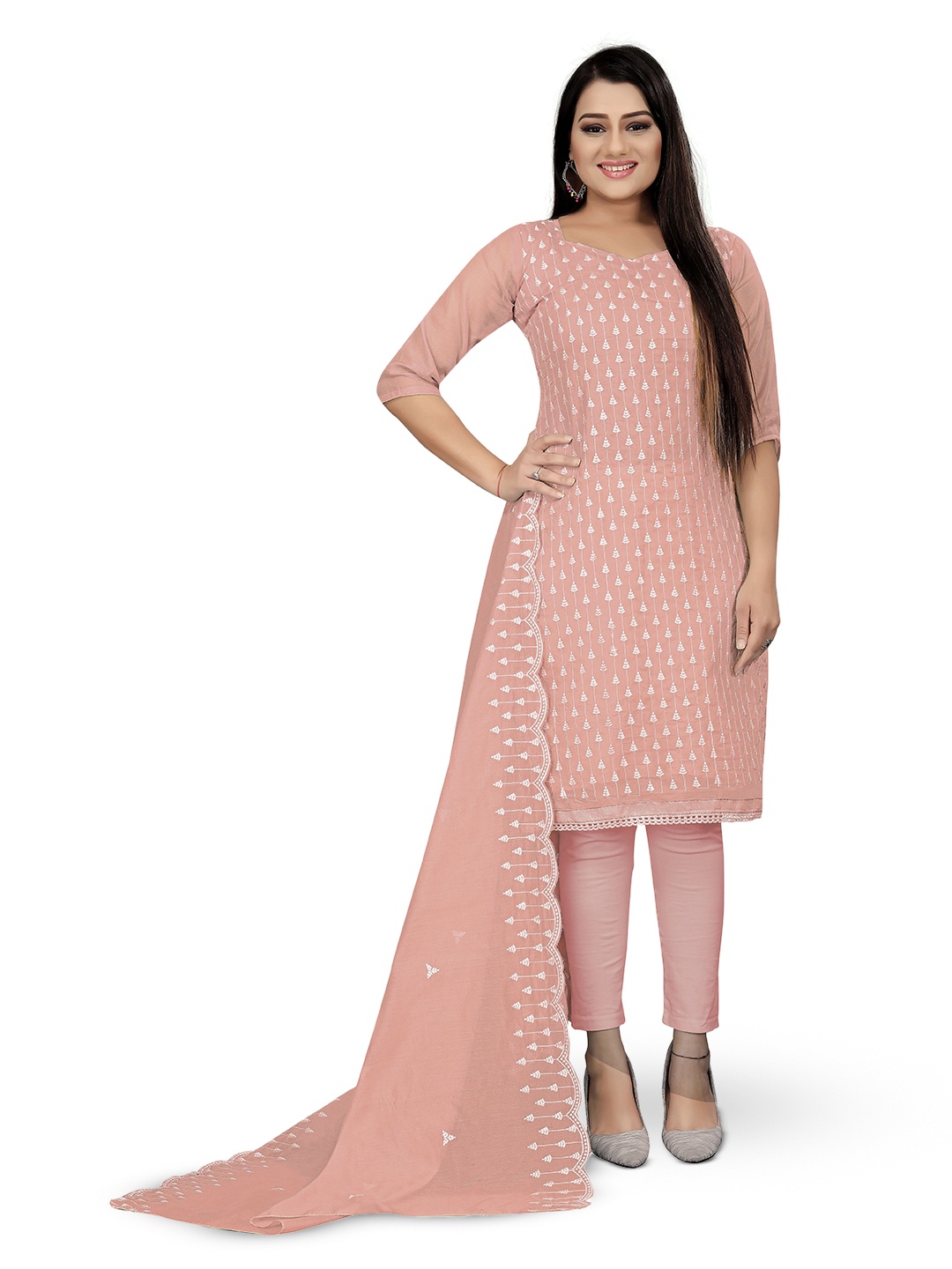 

MANVAA Ethnic Motifs Embroidered Unstitched Dress Material, Pink