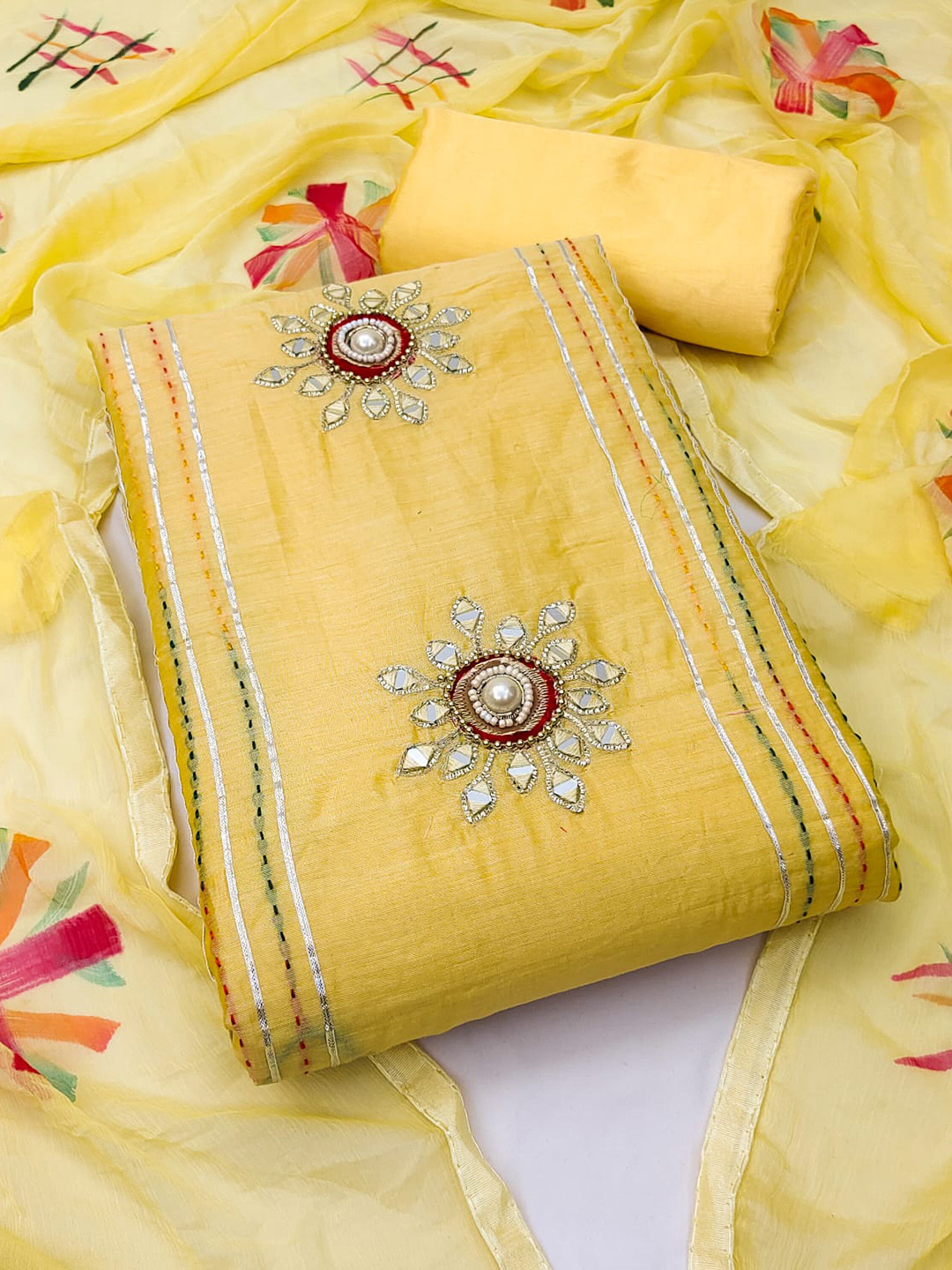 

MANVAA Floral Embroidered Mirror Work Unstitched Dress Material, Yellow