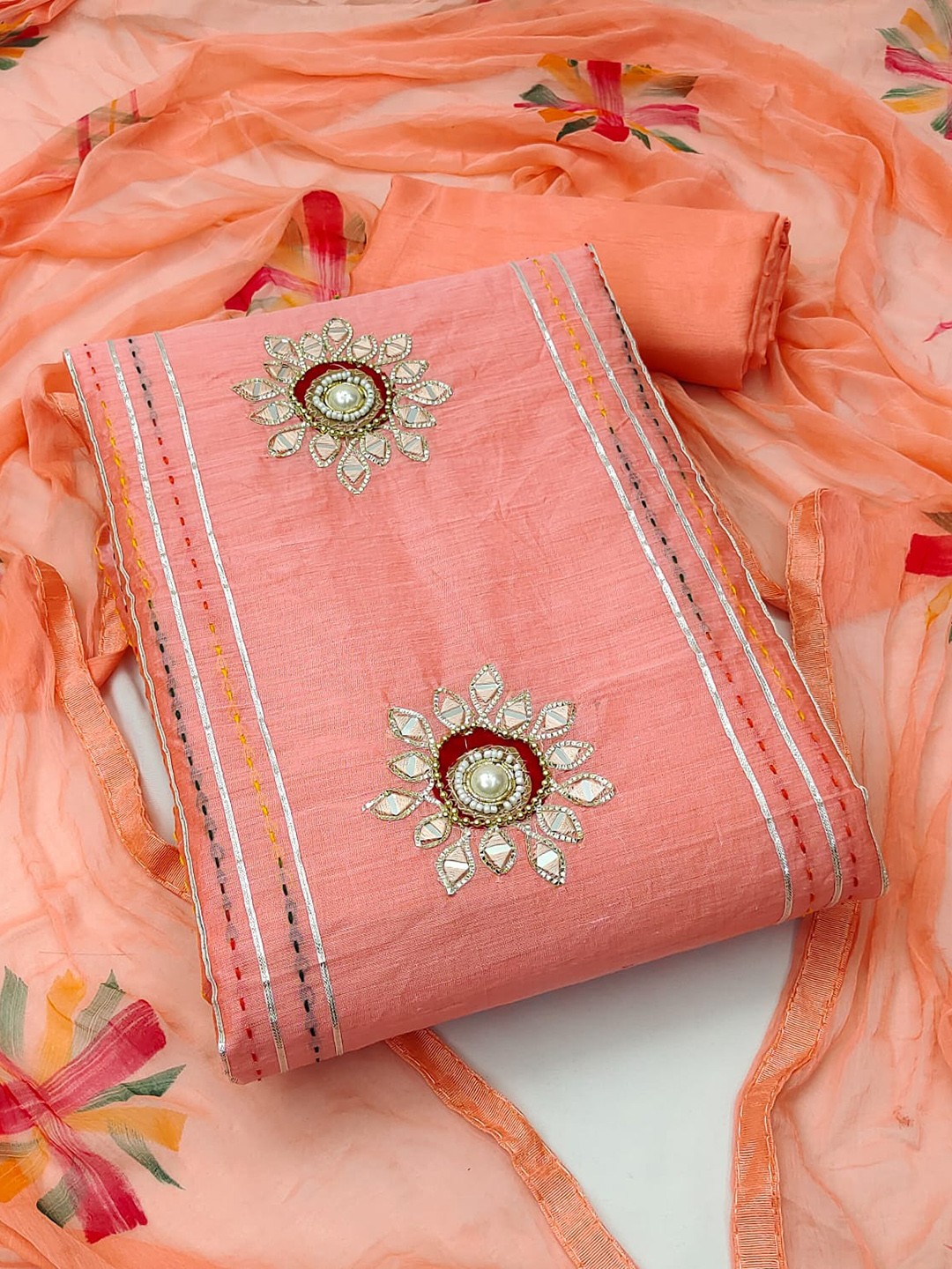 

MANVAA Ethnic Motifs Embroidered Mirror Work Unstitched Dress Material, Peach