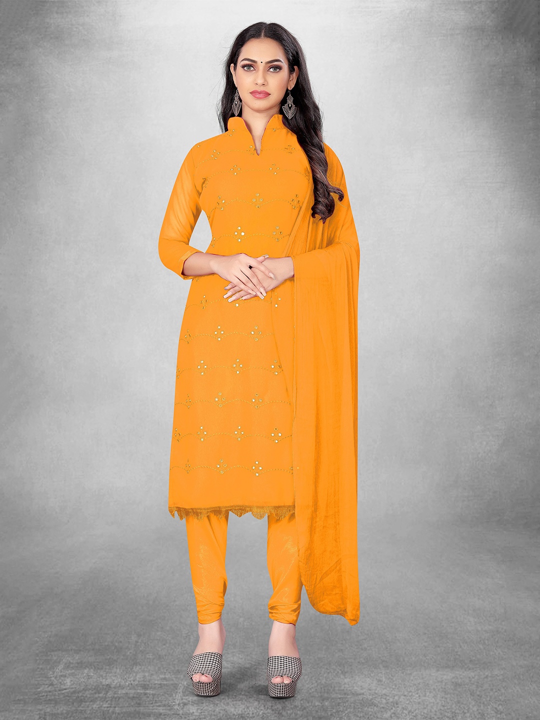 

MANVAA Ethnic Motifs Embroidered Mirror Work Unstitched Dress Material, Orange
