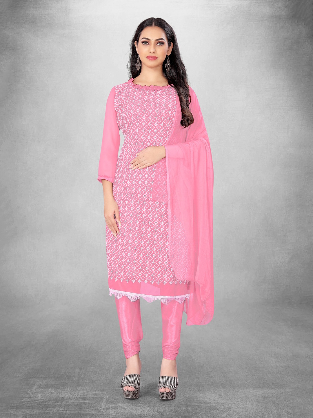 

MANVAA Ethnic Motifs Embroidered Unstitched Dress Material, Pink