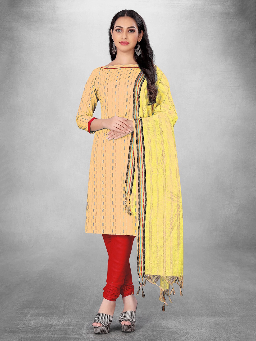 

MANVAA Striped Unstitched Dress Material, Yellow