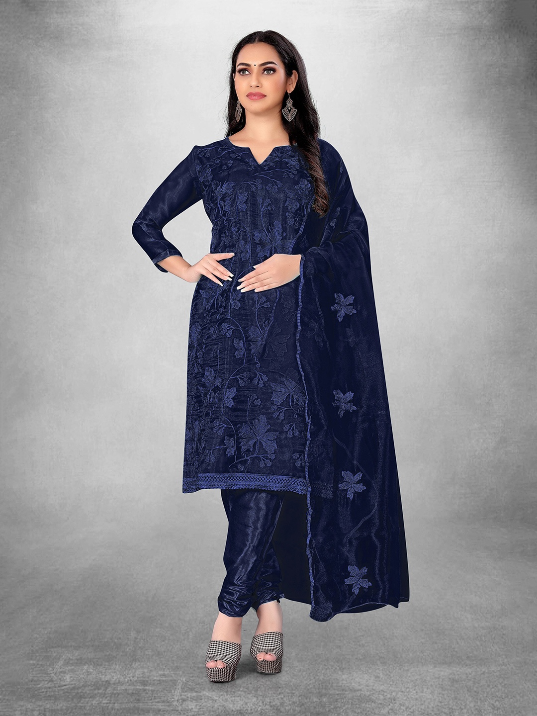 

MANVAA Floral Embroidered Unstitched Dress Material, Blue