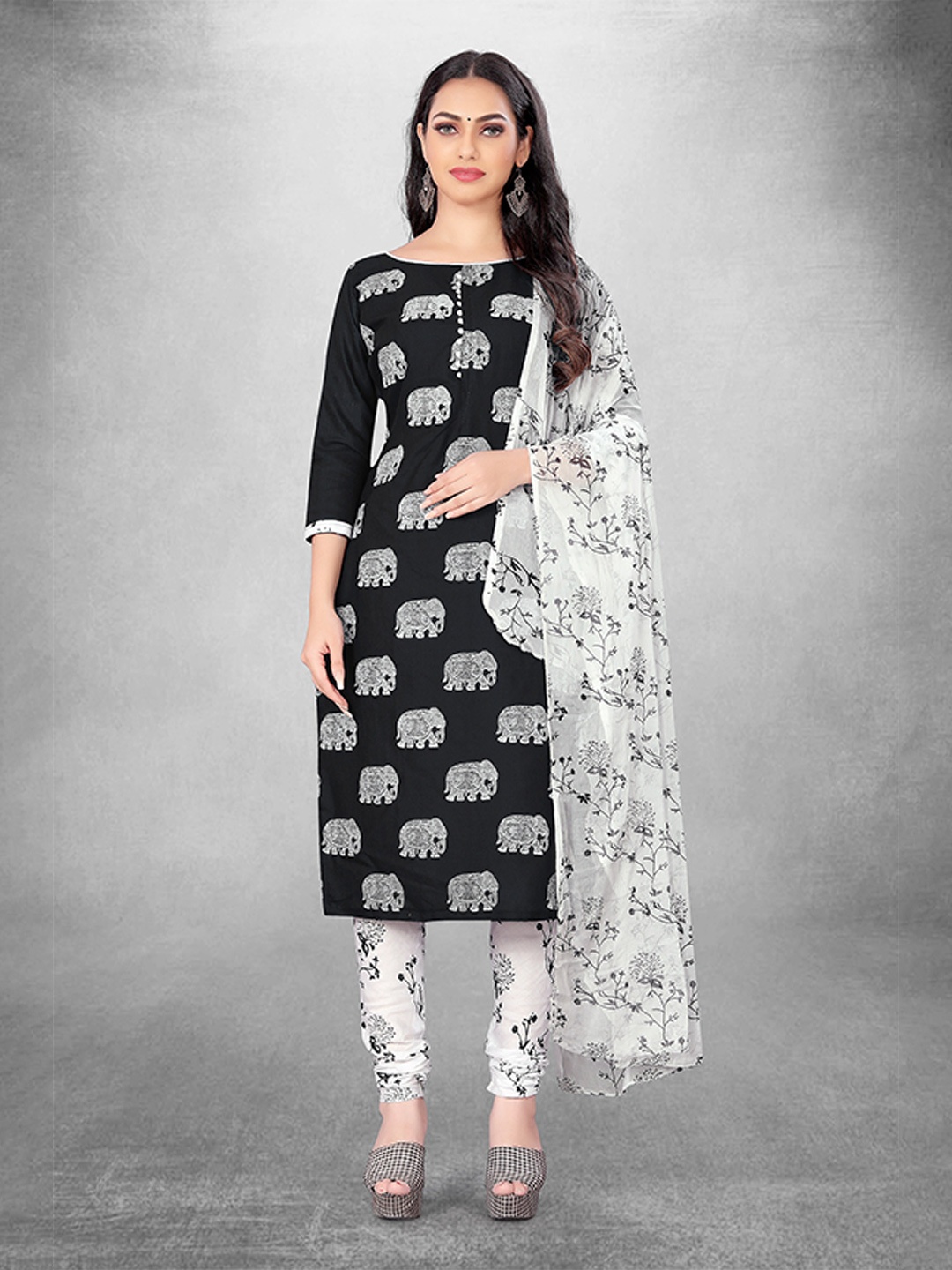 

MANVAA Ethnic Motifs Printed Unstitched Dress Material, Black