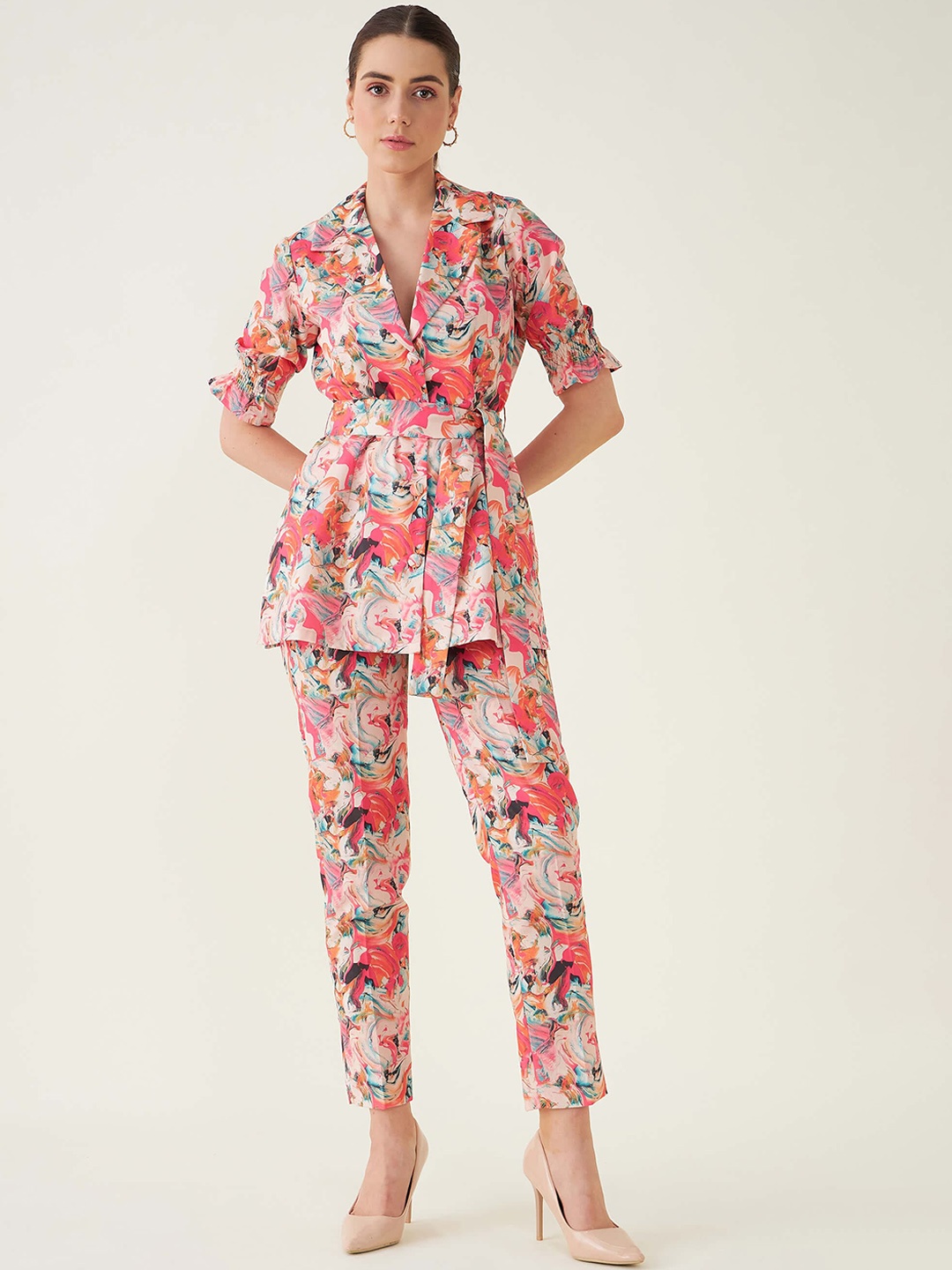 

SALT ATTIRE Printed Shirt-Collar Top With Trouser Co-Ords, White