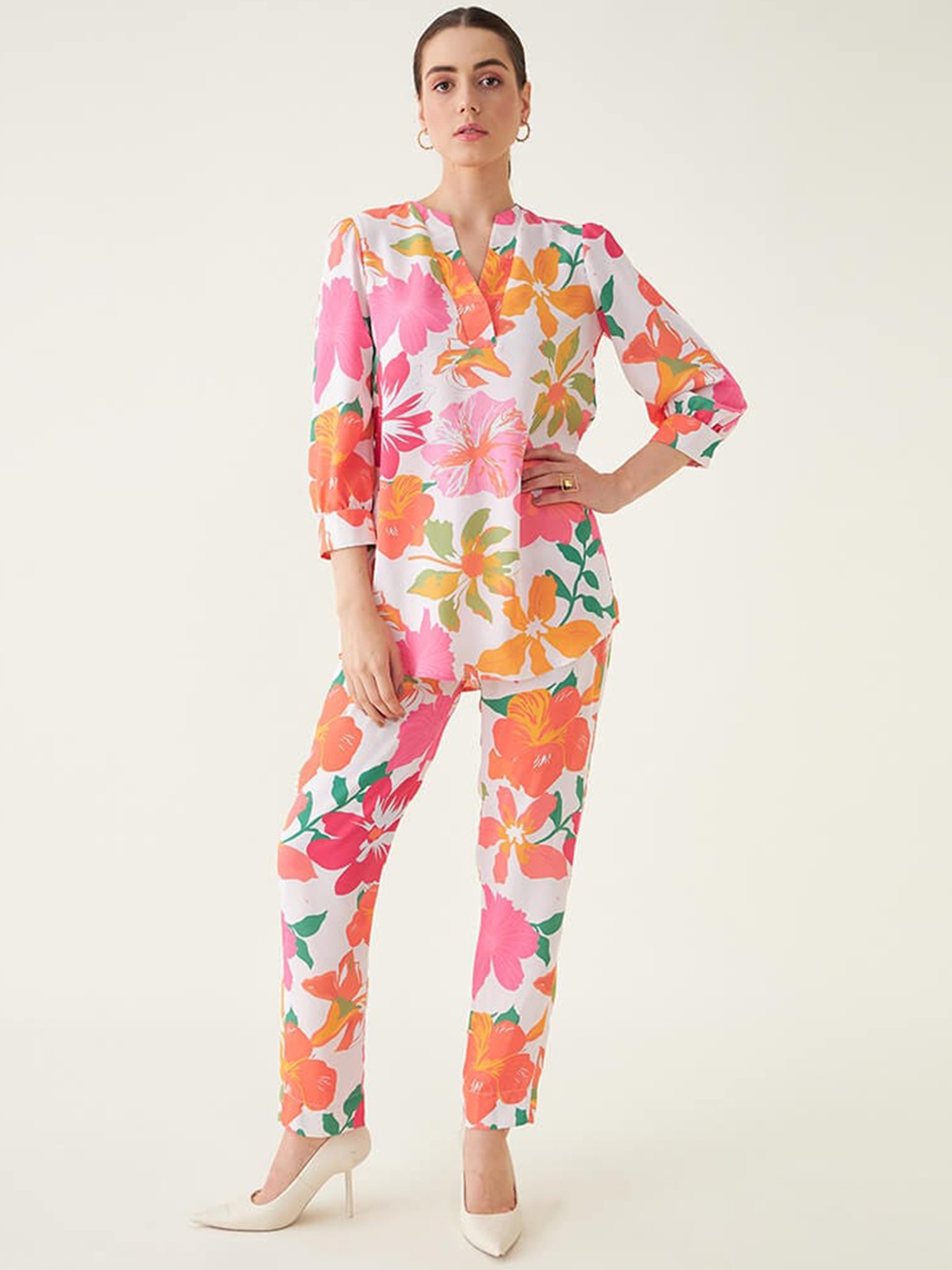 

SALT ATTIRE Printed V-Neck Tunic With Flared Trouser Co-Ords, White