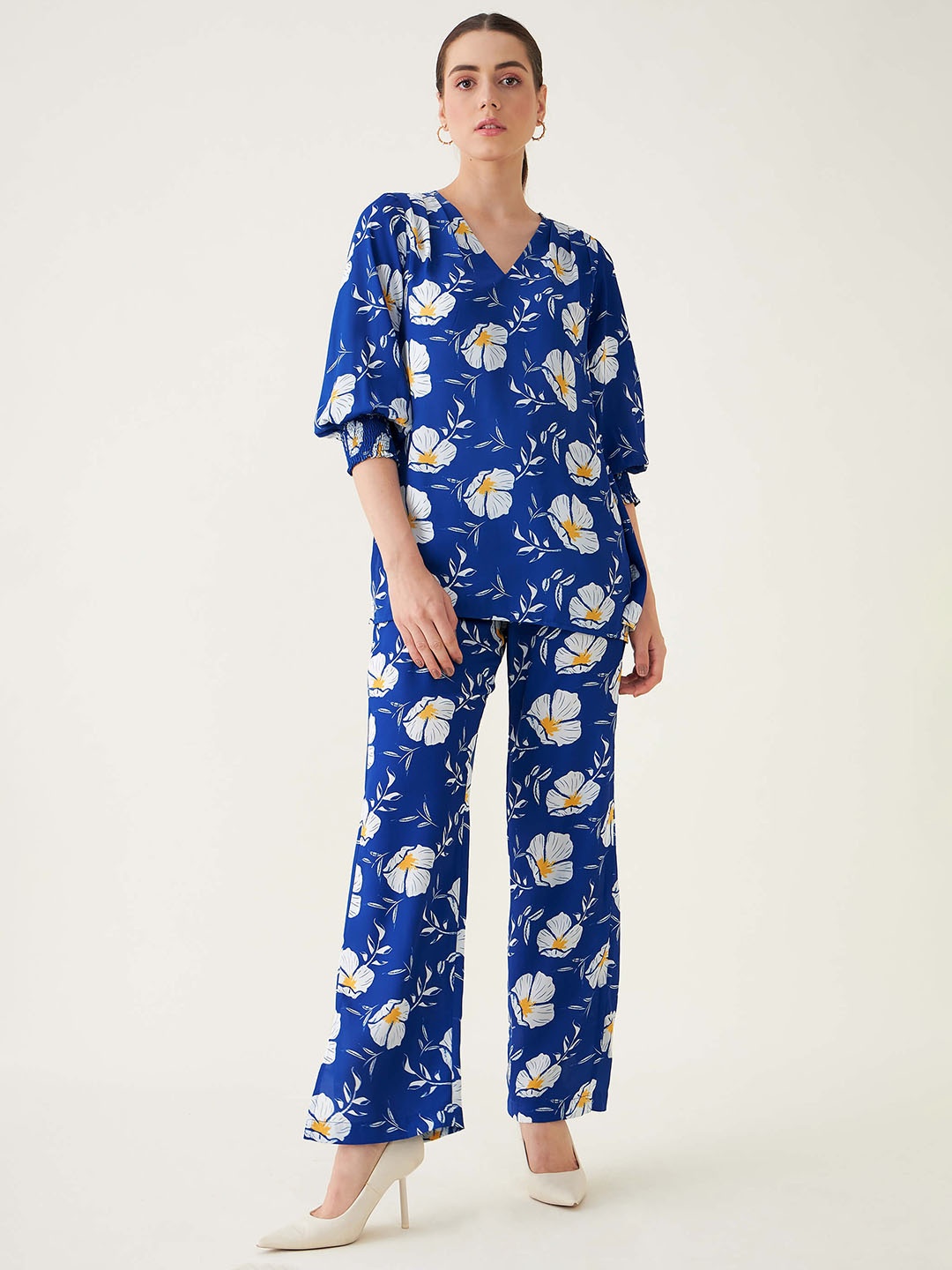 

SALT ATTIRE Printed V-Neck Tunic With Trousers Co-Ords, Blue