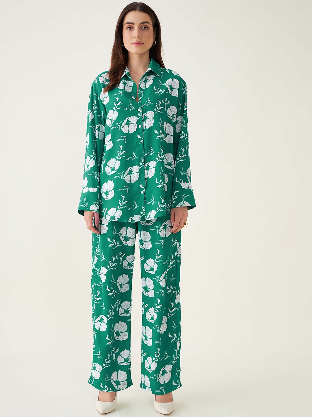 

SALT ATTIRE Printed Shirt & Flared Trouser Co-Ords, Green