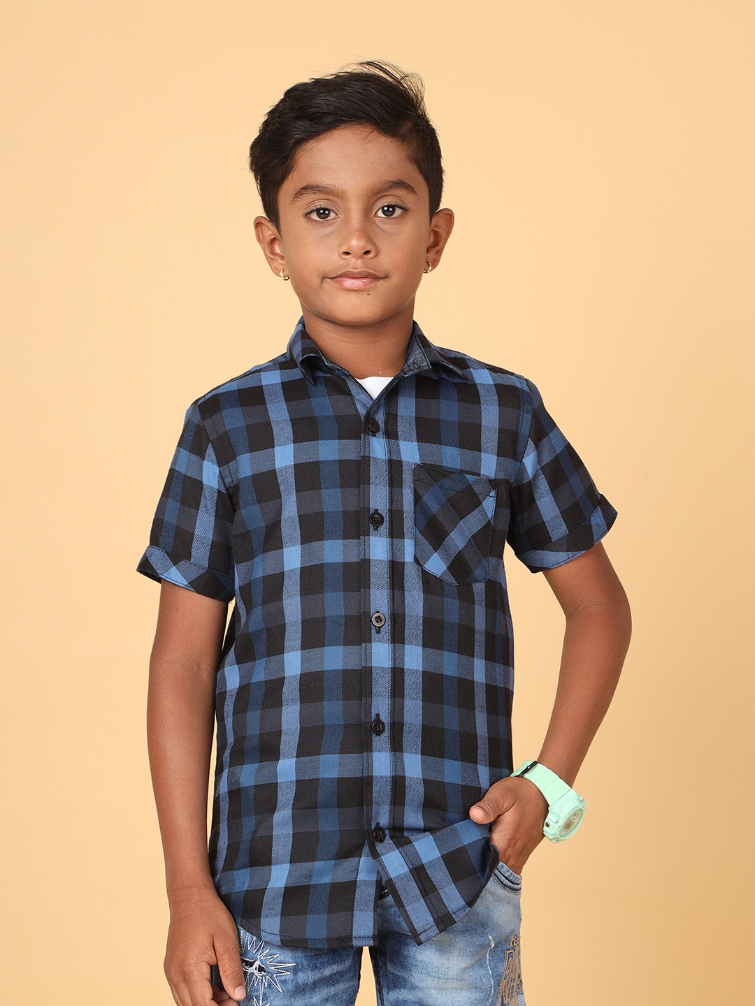 

CAZZBA Boys Tartan Checked Cotton Casual Shirt, Navy blue