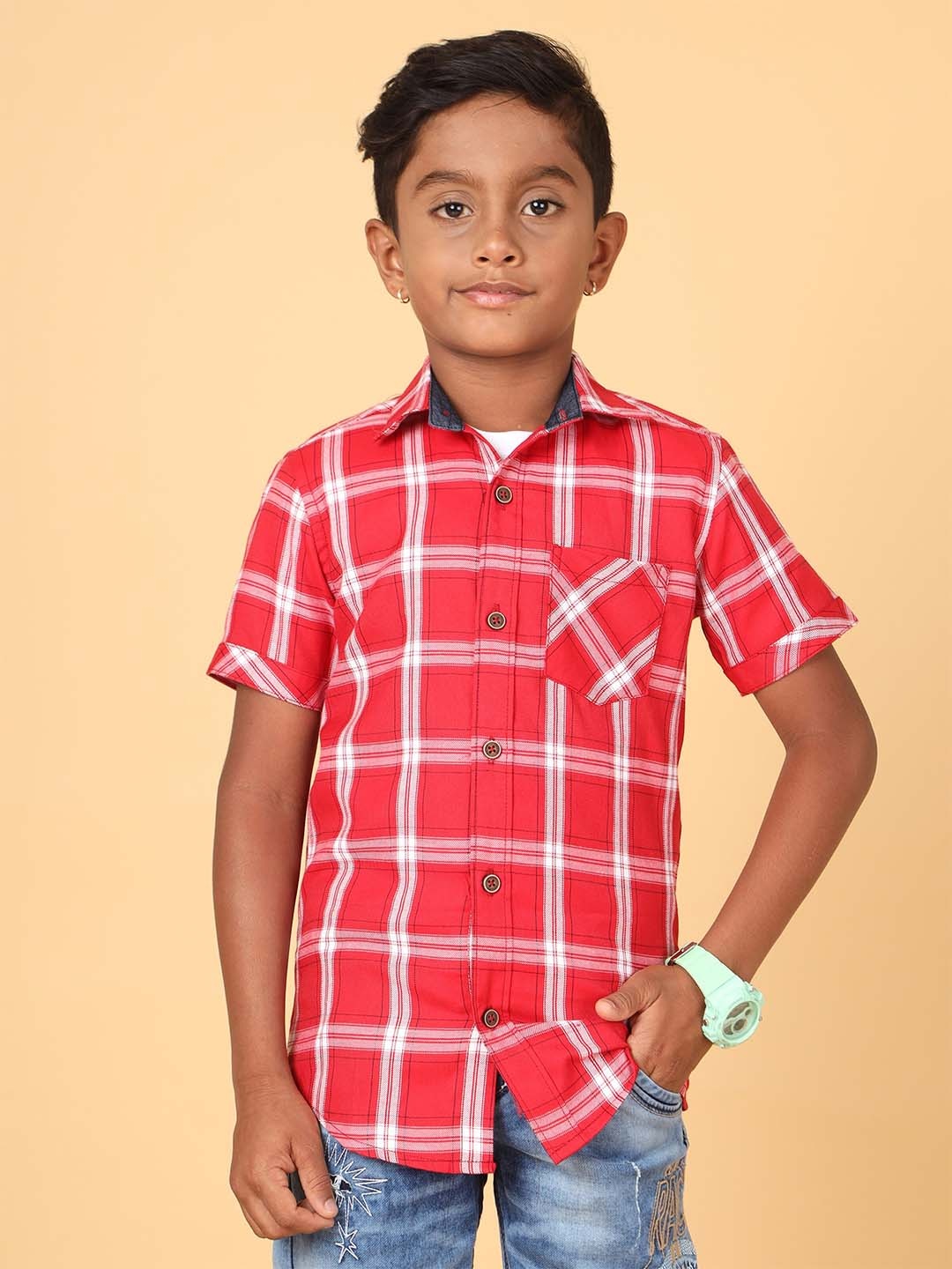 

CAZZBA Boys Windowpane Checked Cotton Casual Shirt, Red