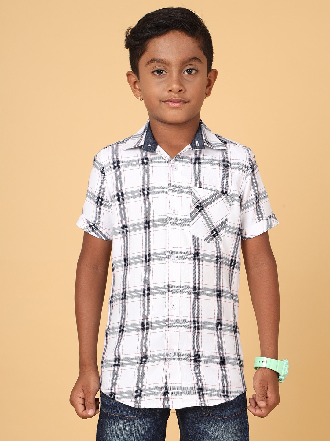 

CAZZBA Boys Windowpane Checked Cotton Casual Shirt, White