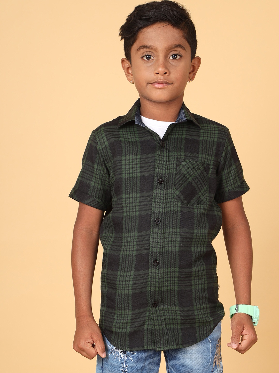 

CAZZBA Boys Tartan Checked Cotton Casual Shirt, Green