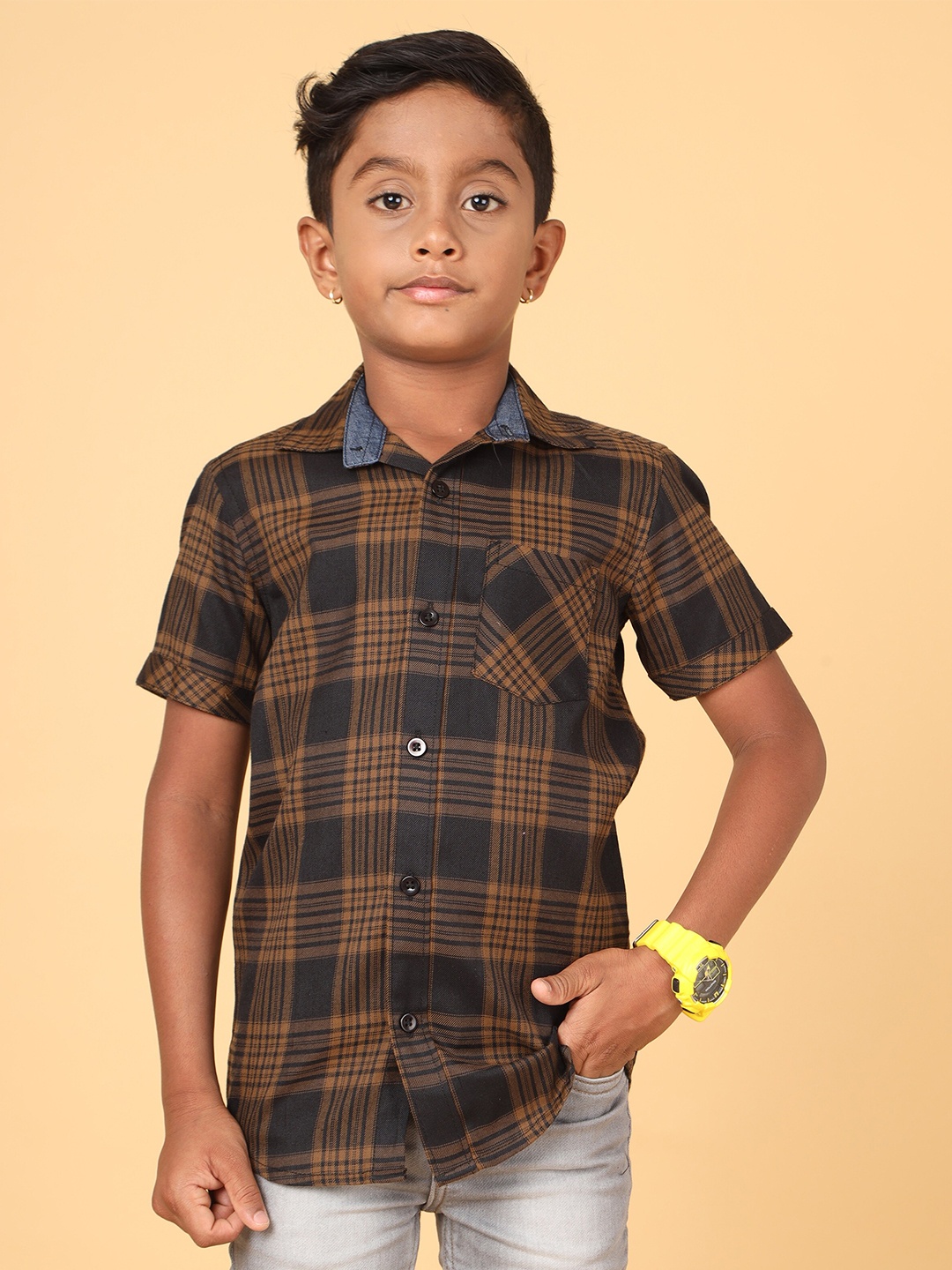 

CAZZBA Boys Tartan Checked Cotton Casual Shirt, Brown