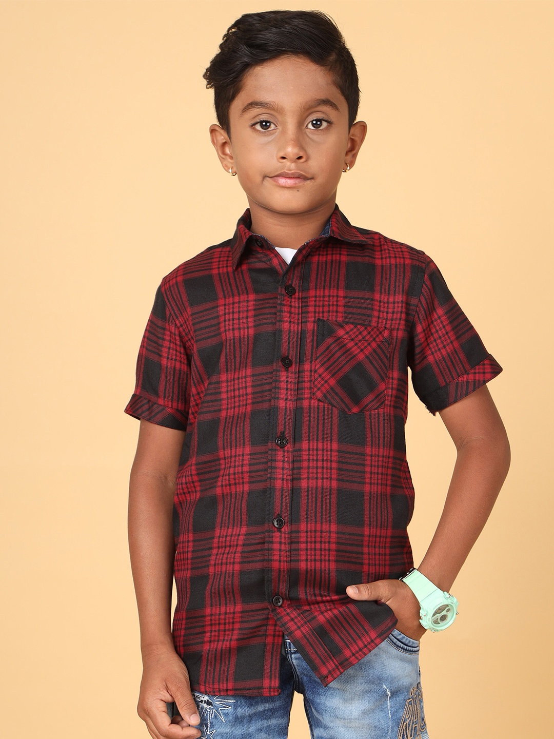 

CAZZBA Boys Tartan Checked Cotton Casual Shirt, Maroon