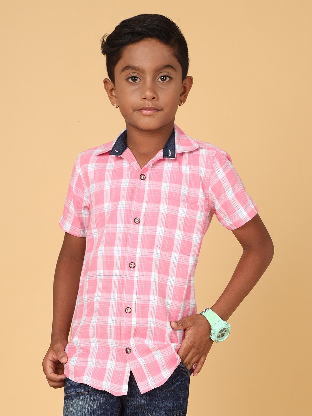

CAZZBA Boys Tartan Checked Cotton Casual Shirt, Pink