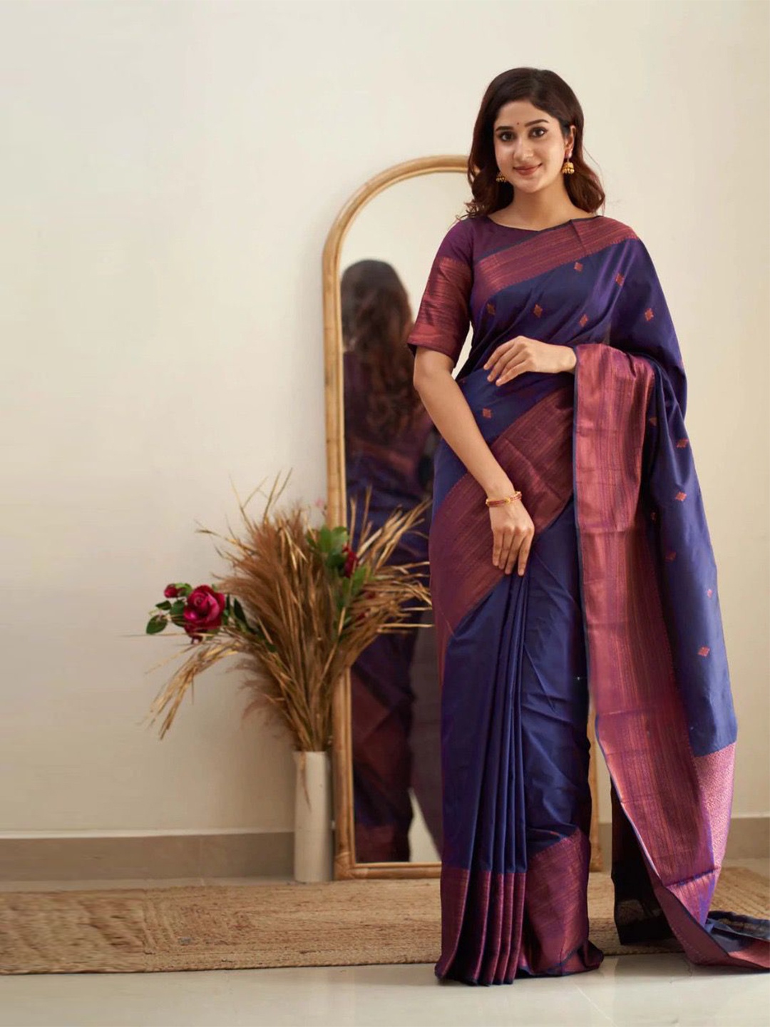 

VEERAX Ethnic Motifs Woven Design Pure Silk Designer Banarasi Saree, Blue