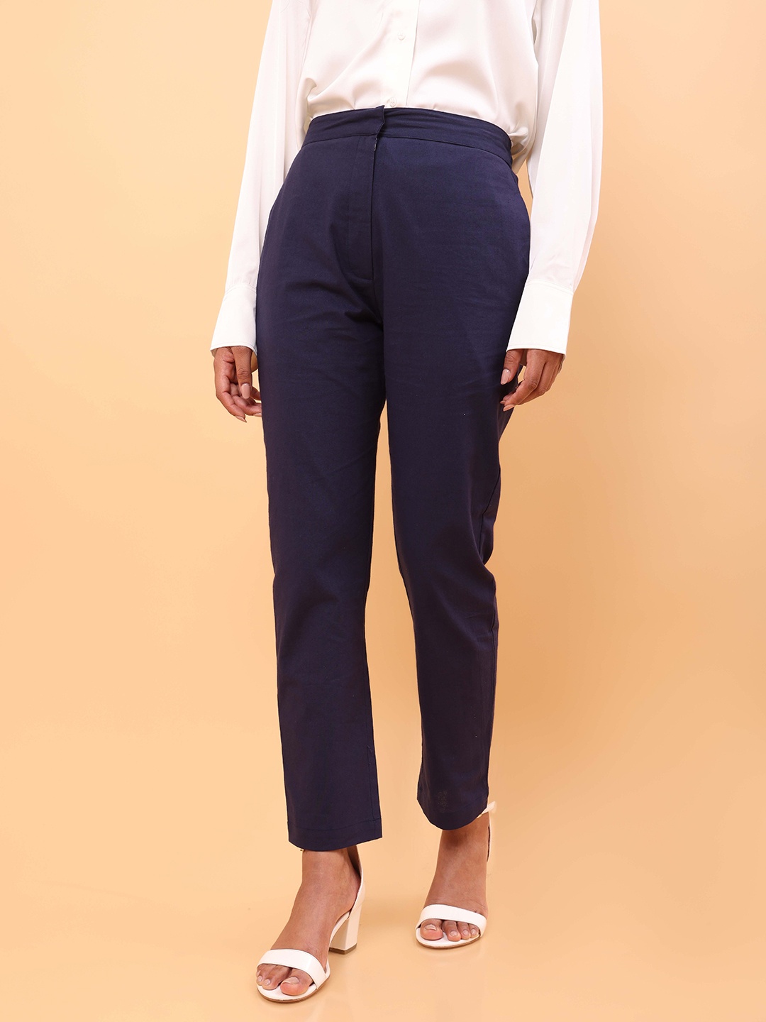 

UNTUNG Women Slim Fit Mid Rise Cotton Trousers, Navy blue