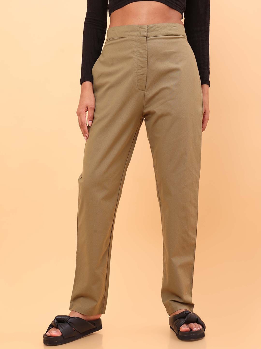 

UNTUNG Women Mid Rise Cotton Trousers, Khaki