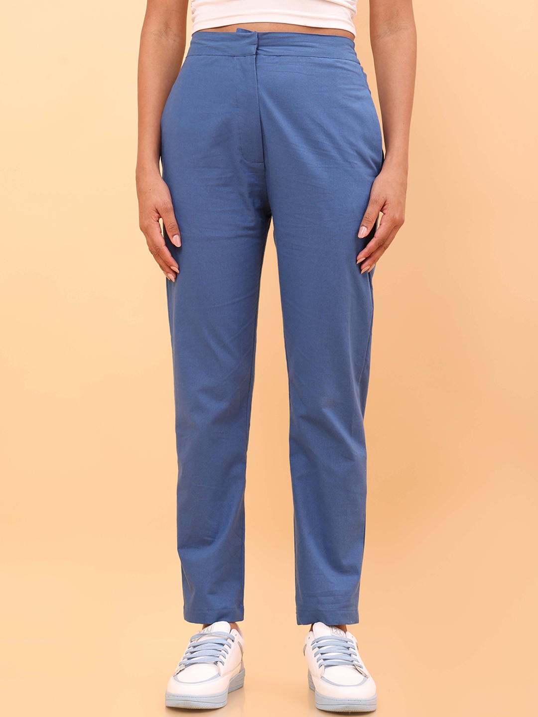 

UNTUNG Women Mid Rise Cotton Trousers, Blue