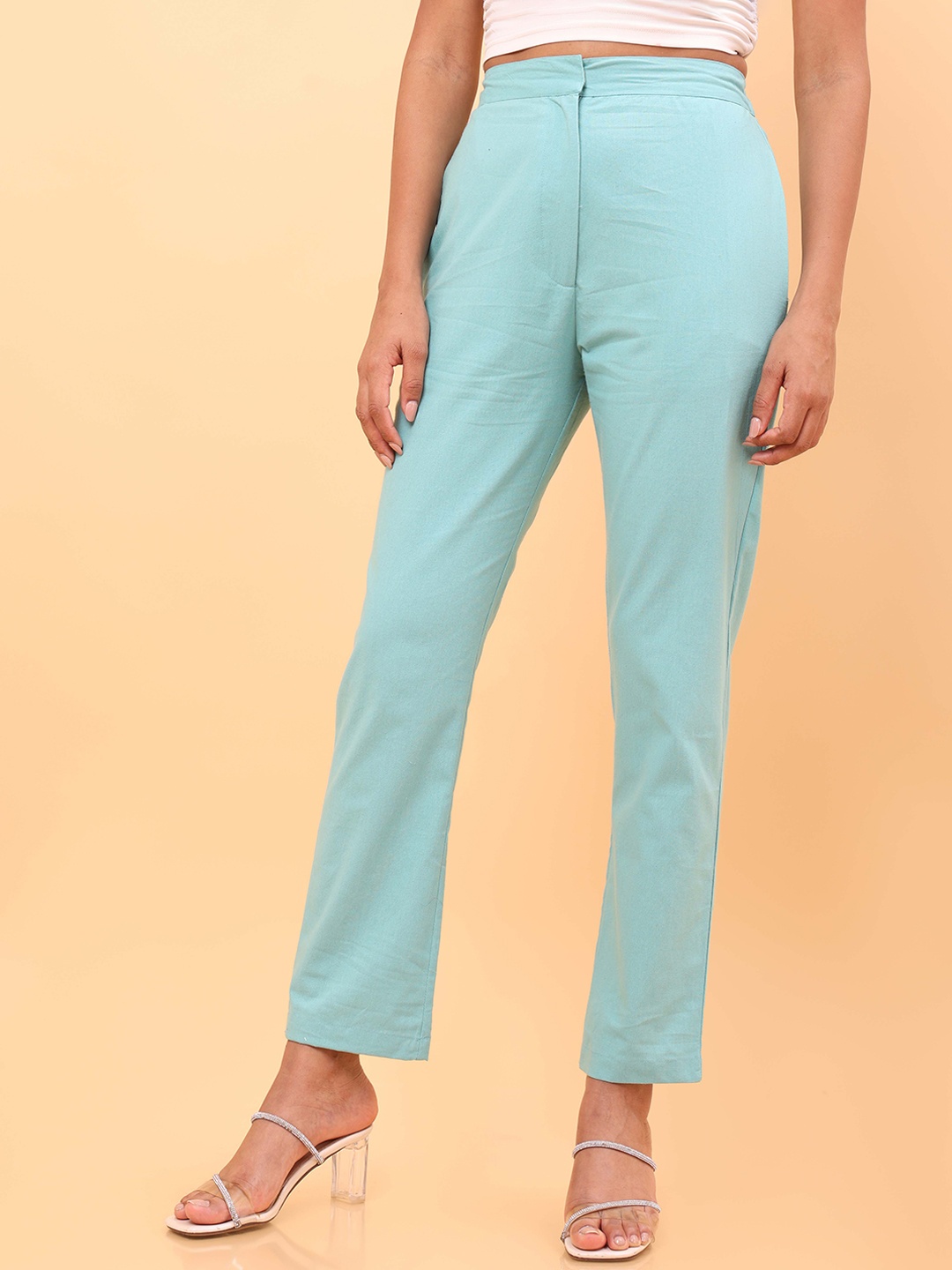 

UNTUNG Women Slim Fit Mid Rise Trousers, Turquoise blue