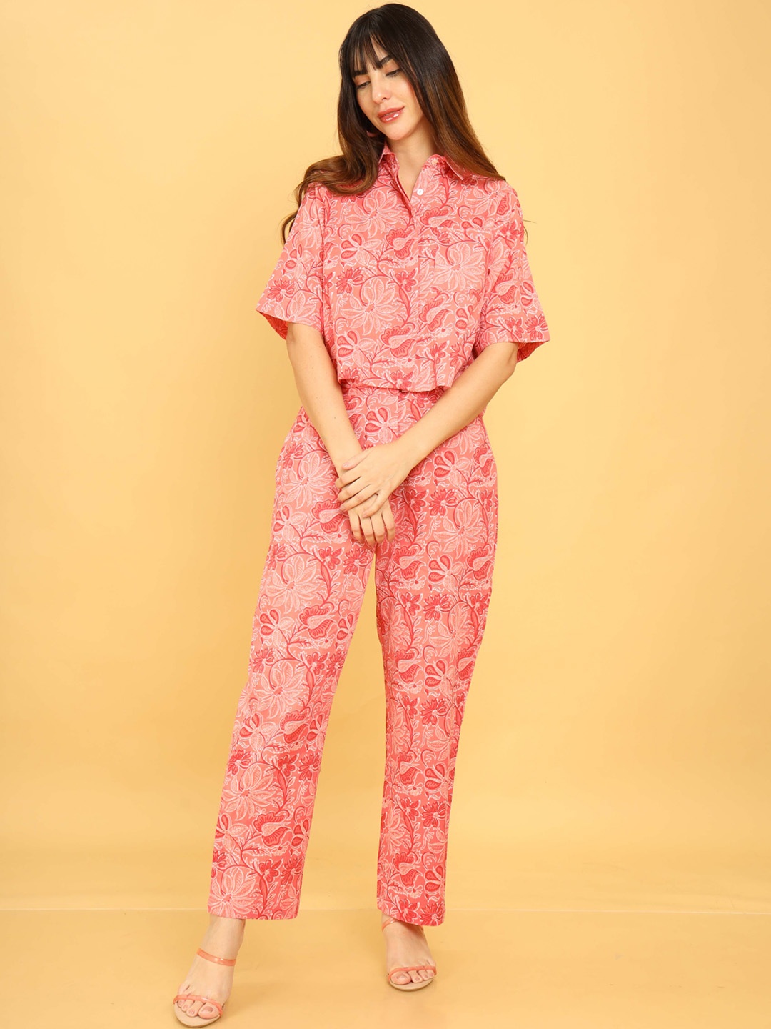 

UNTUNG Floral Printed Shirt Collar Pure Cotton Shirt With Trouser, Pink