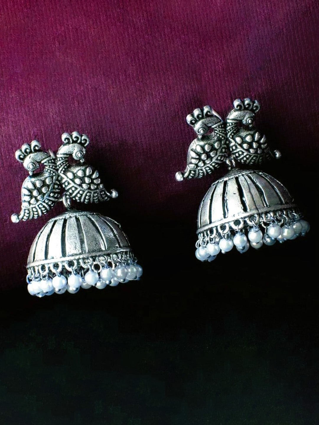 

ATIBELLE Silver-Plated Peacock Shaped Jhumkas Earrings