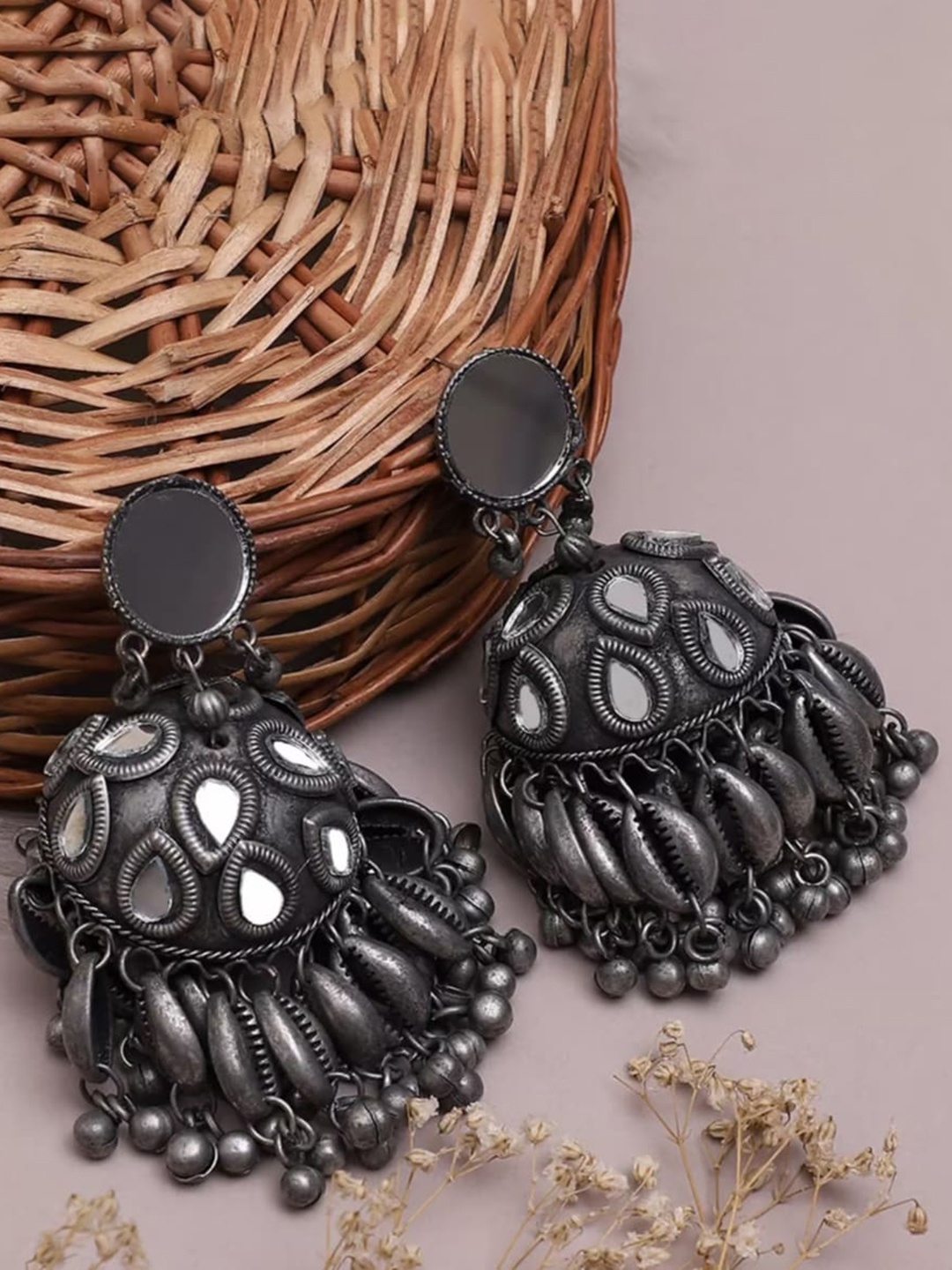 

ATIBELLE Silver Plated Stone Studded Dome Shaped Jhumkas