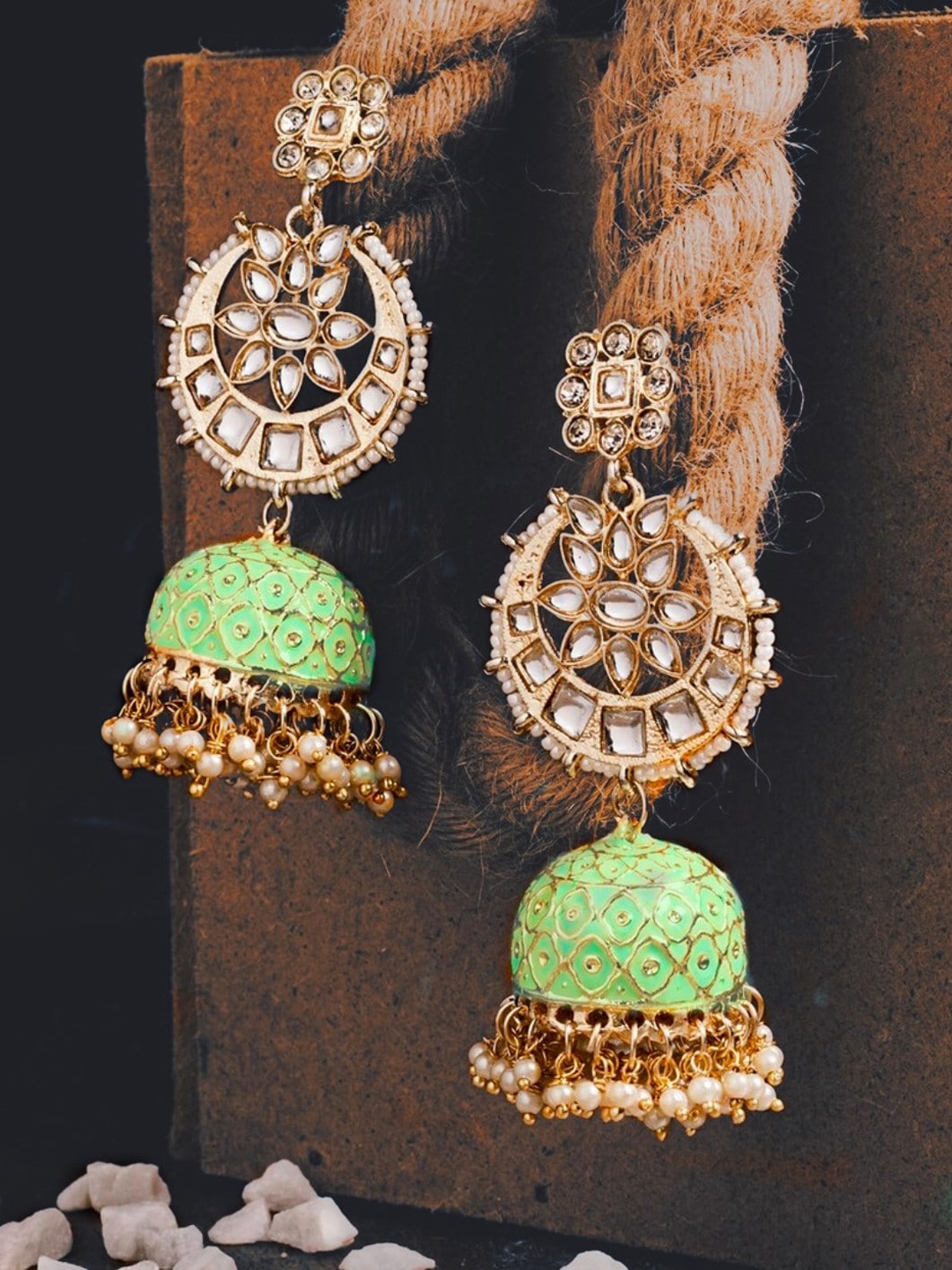 

ATIBELLE Gold Plated Kundan Studded & Beaded Meenakari Jhumkas