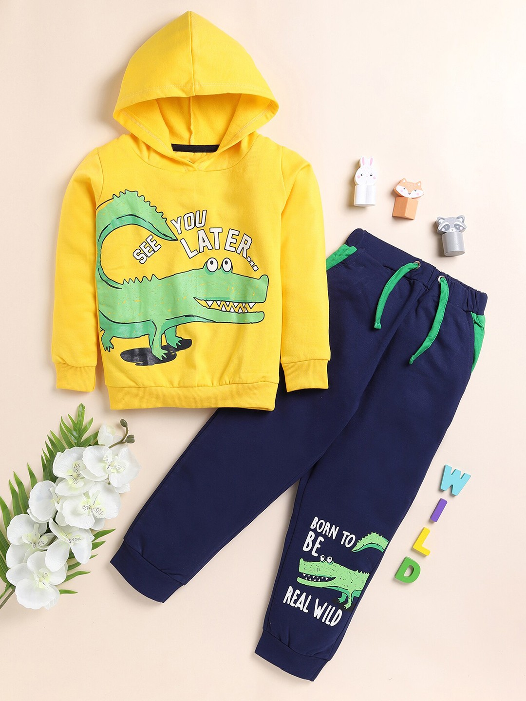 

YK Boys Graphic Printed Hooded Sweatshirt with Trousers, Yellow