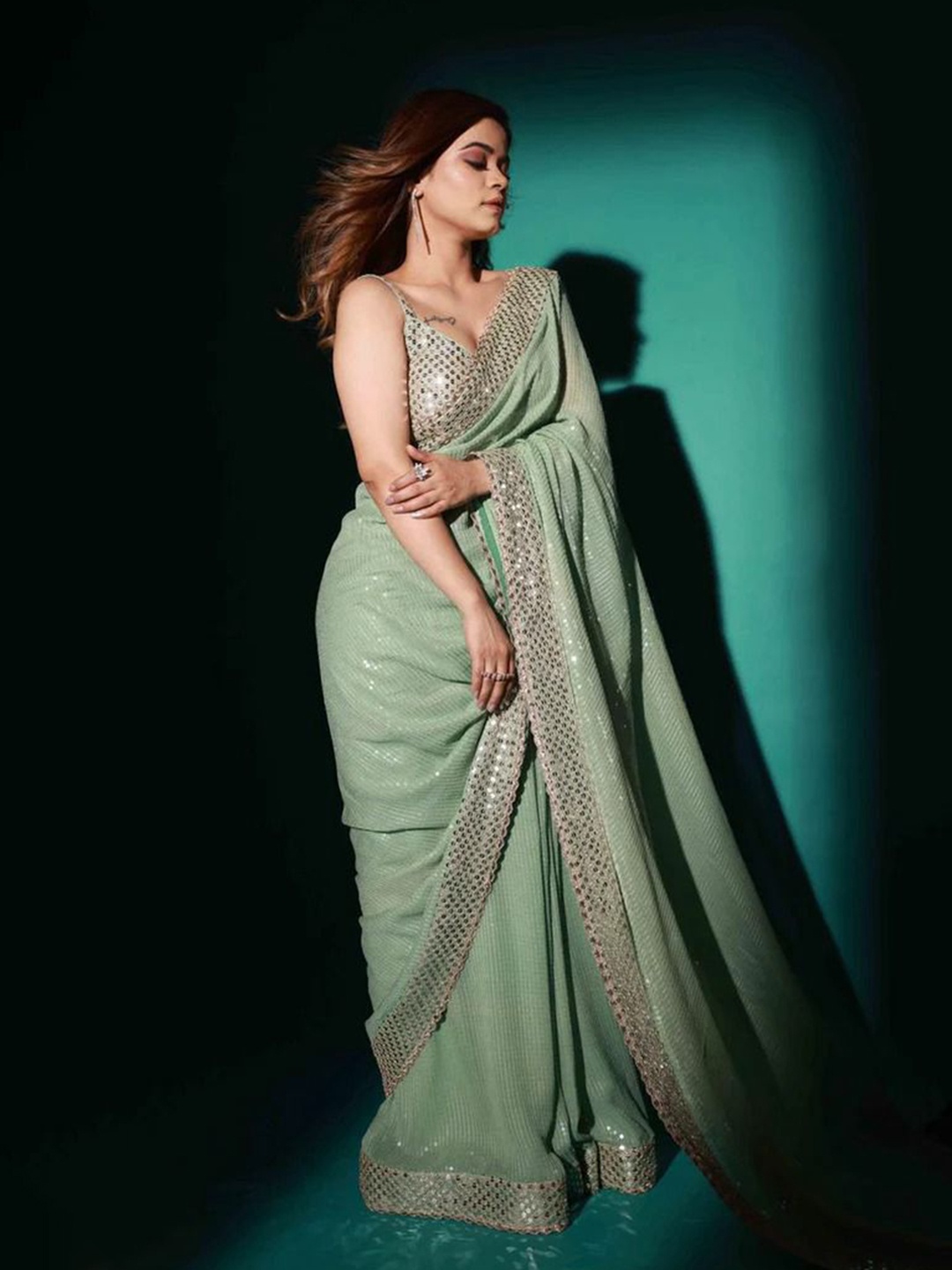 

Ekasya Striped Embellished Sequinned Saree, Sea green