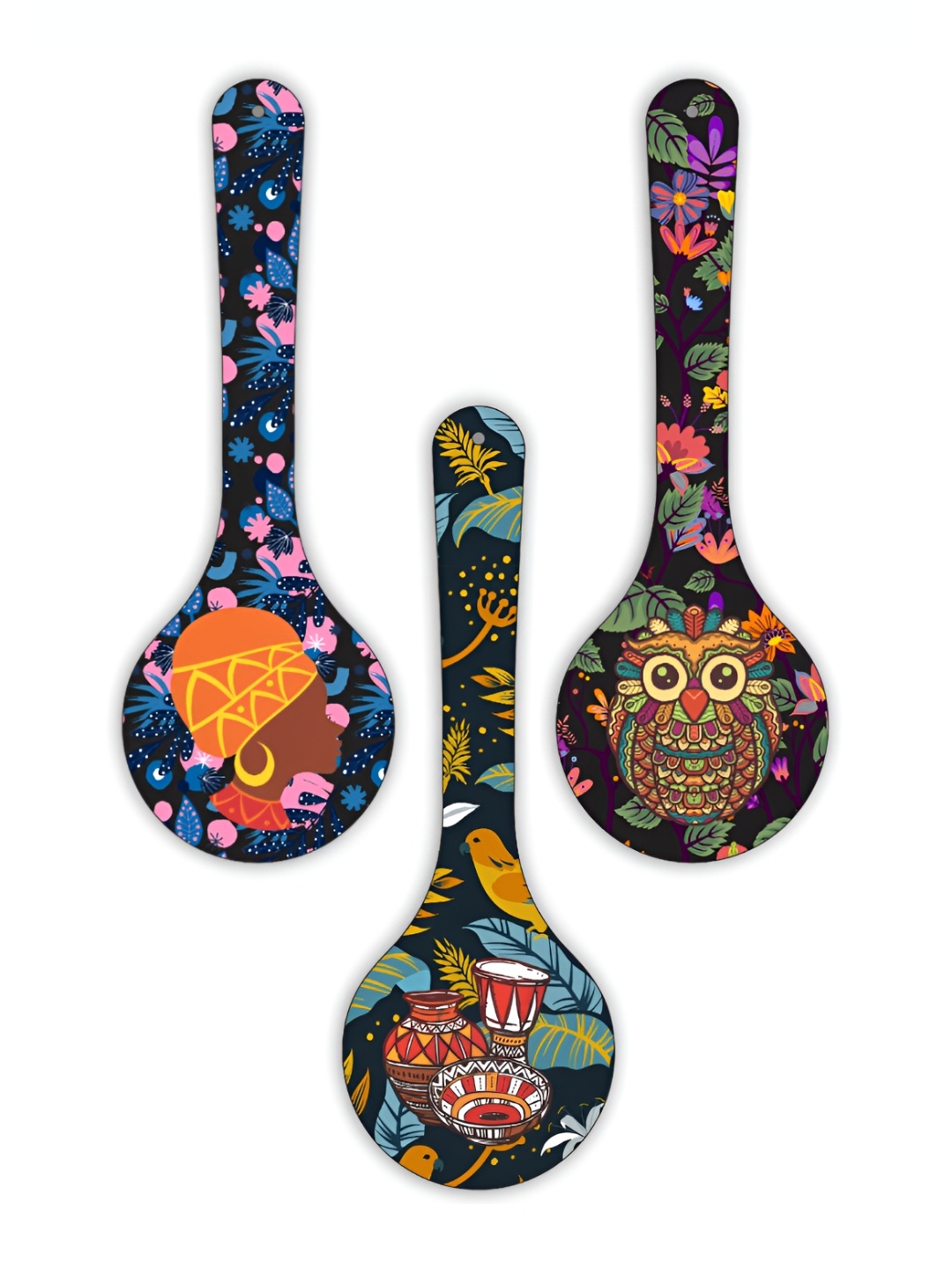 CVANU 3 Pieces Blue & Brown Floral Painted Spoon Shape Wooden Wall Hangings