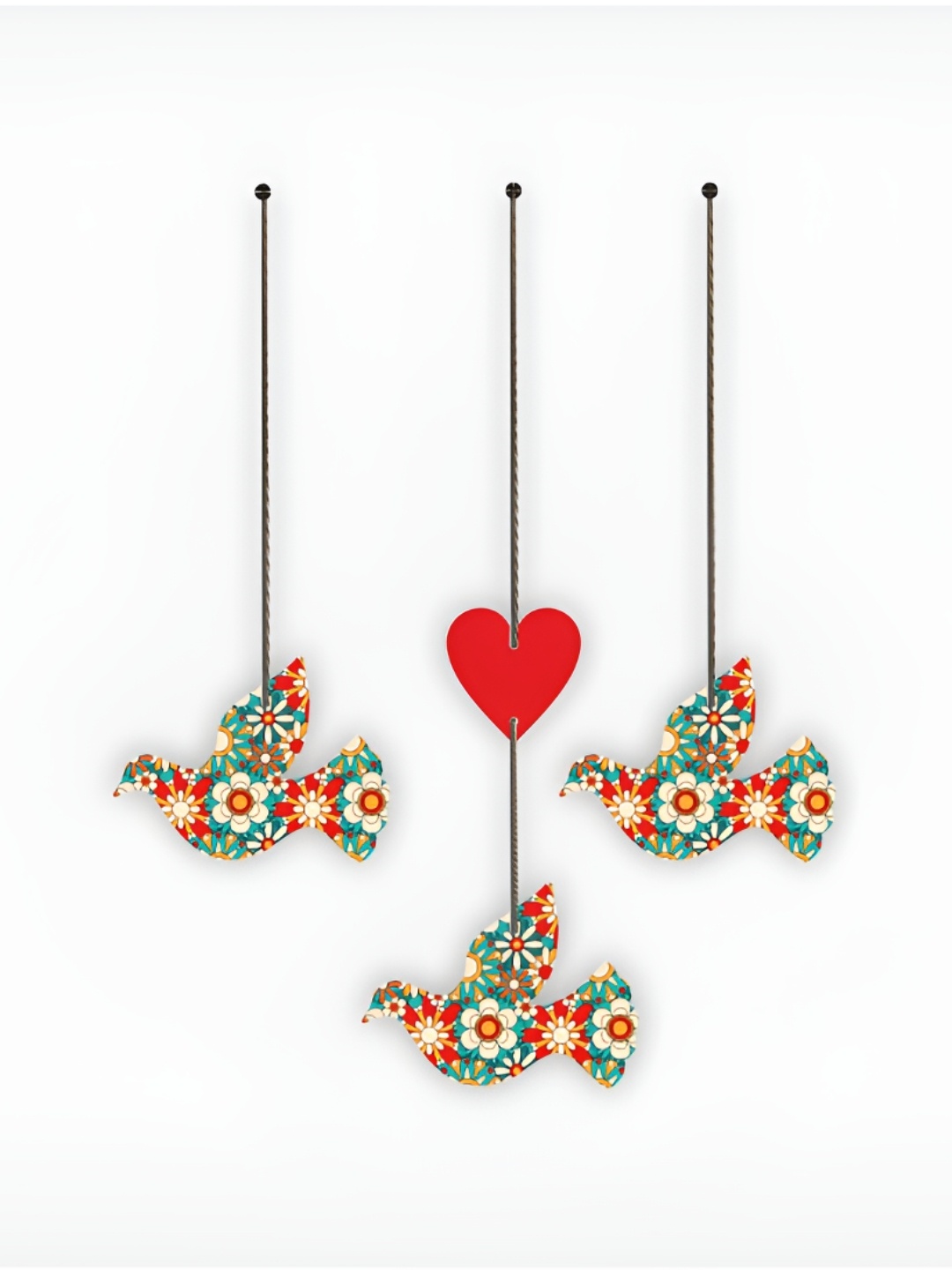 

CVANU Blue & Red 3 Pieces Floral Painted Bird Shape Wooden Wall Hangings