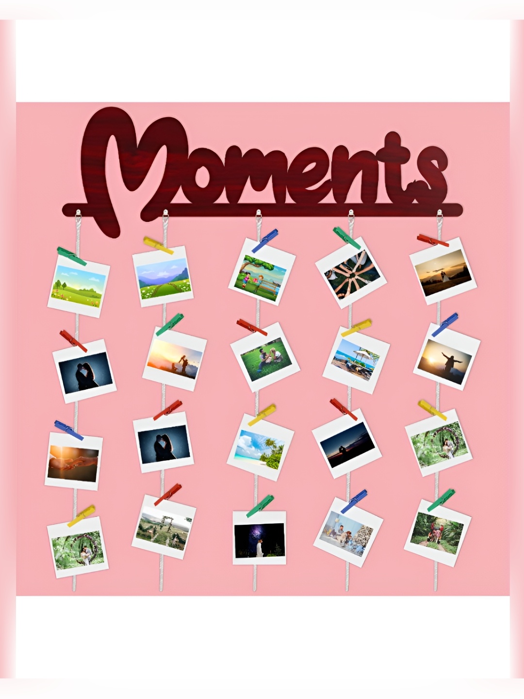 

CVANU Brown Wooden Moments Cutout Photo Display Wall Hanging With Clips & Rope