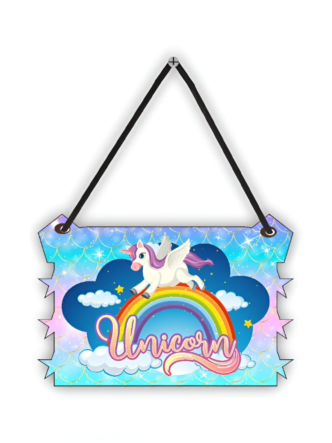 

CVANU Blue & Purple Unicorn Painted Rectangle Wooden Wall Hanging