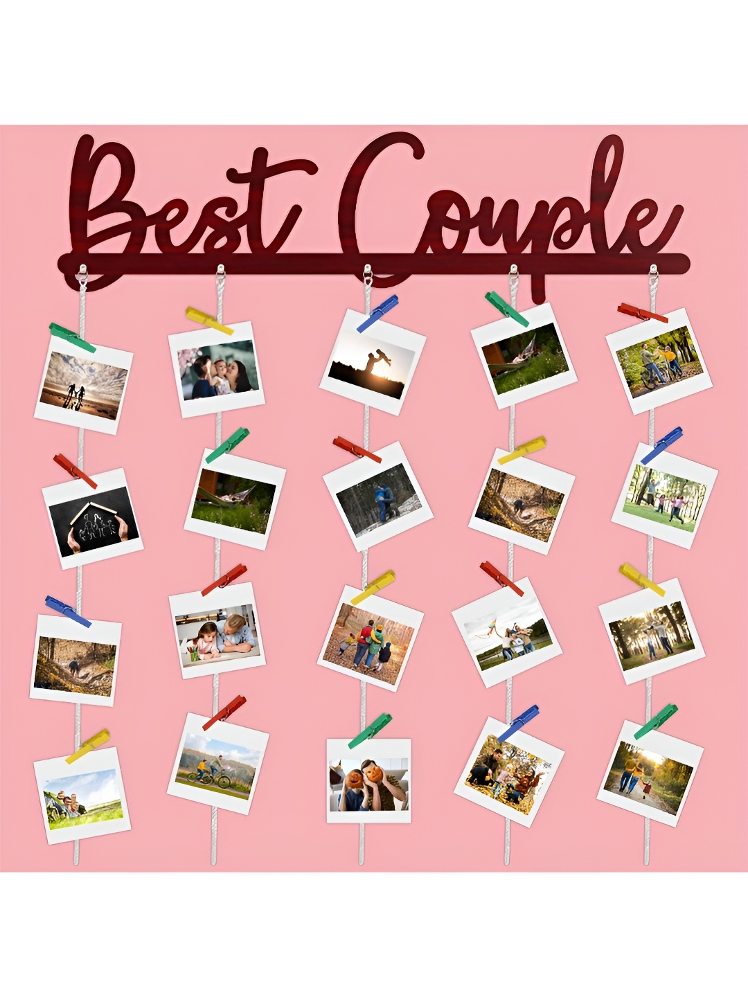 

CVANU Brown Best Couple Carved Cut Out Wooden Wall Hanging With Photo Clips