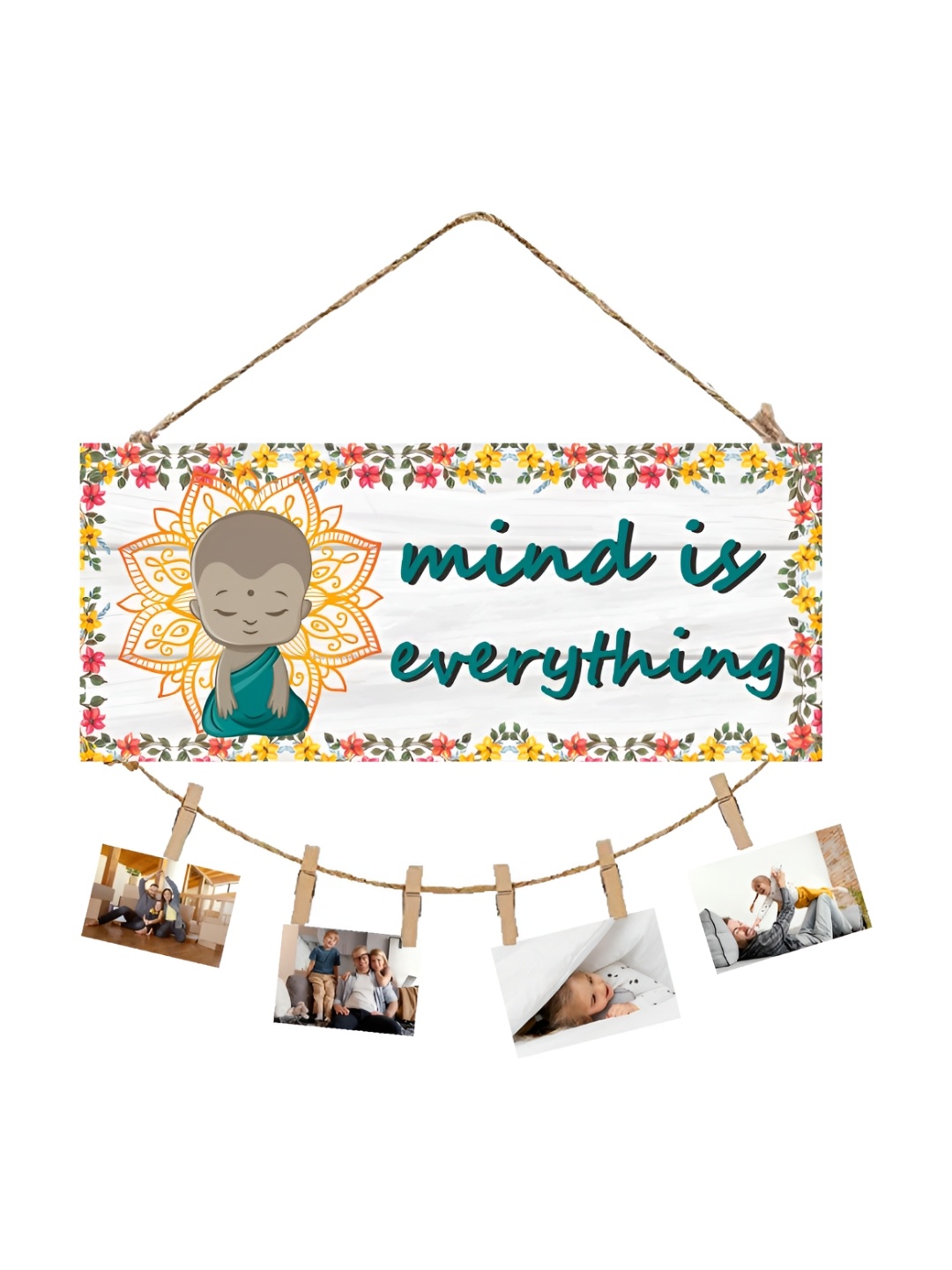 

CVANU White & Green Mind Is Everything Painted Wooden Wall Hanging With Photo Clips