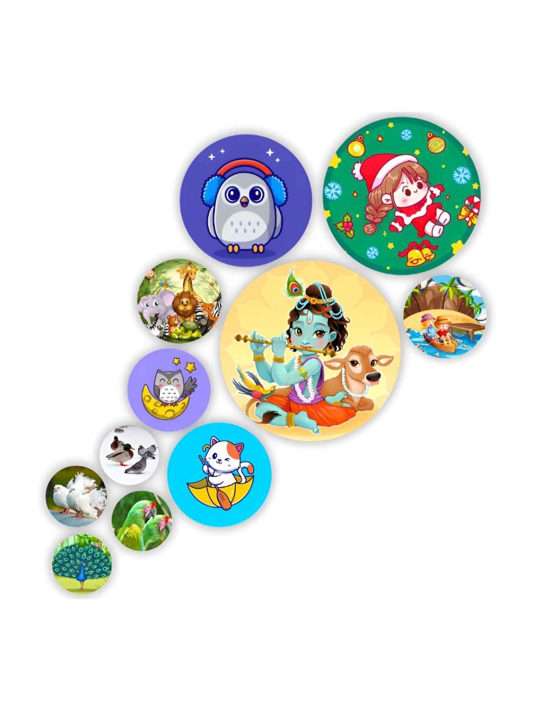 CVANU Blue & Green 11 Pieces Krishna Painted Round Shape Wooden Wall Hangings