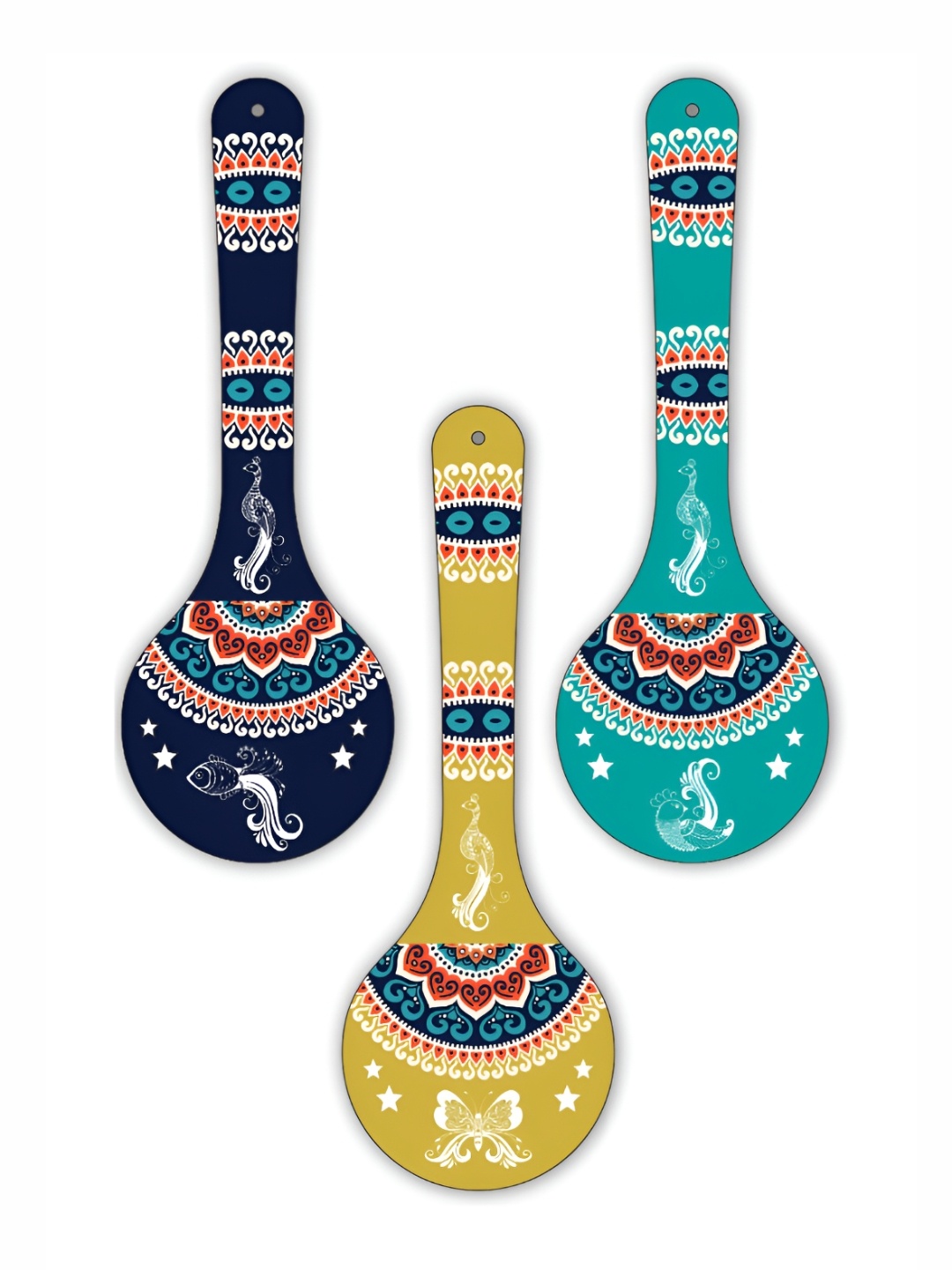 

CVANU Blue & Yellow 3 Pieces Floral Painted Spoon Shape Wooden Wall Hangings