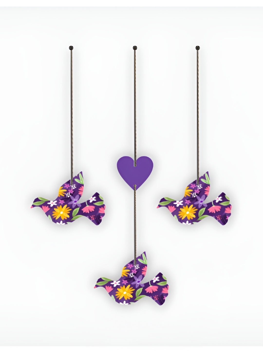 

CVANU Purple & Pink 3 Pcs Floral Painted Bird Shape Wooden Wall Hangings