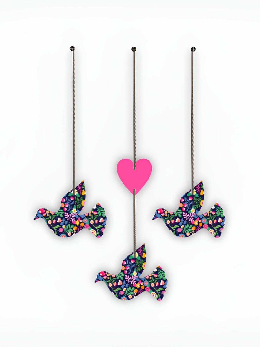 

CVANU Blue & Pink 3 Pcs Floral Painted Bird Shape Wooden Wall Hangings