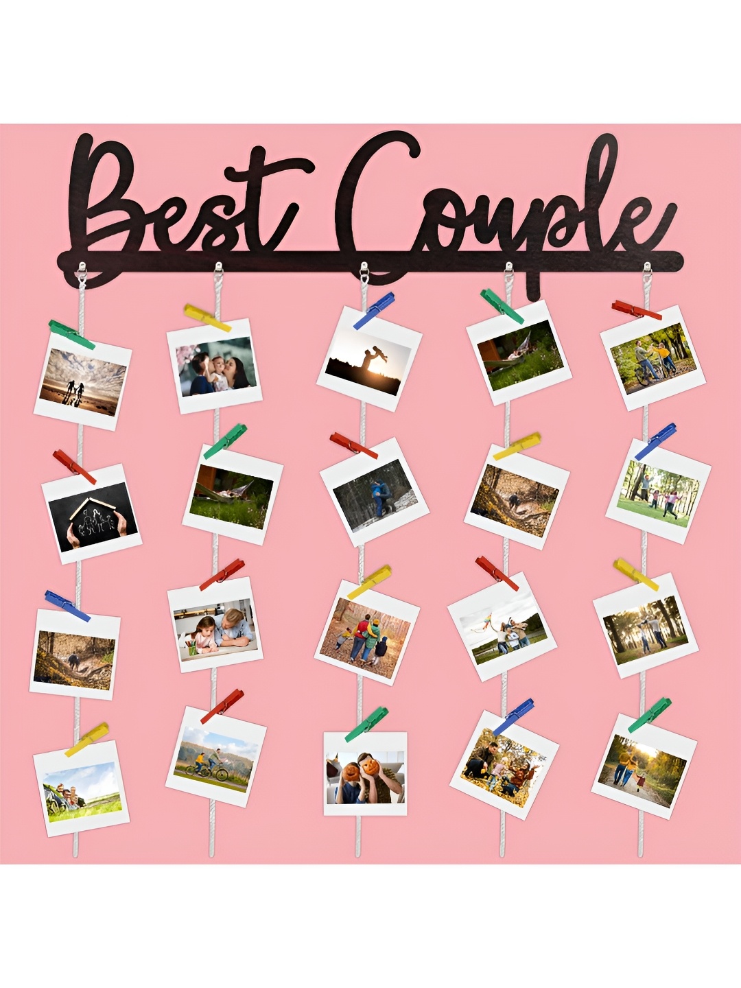 

CVANU Brown Best Couple Carved Wooden Wall Hanging With Photo Clips