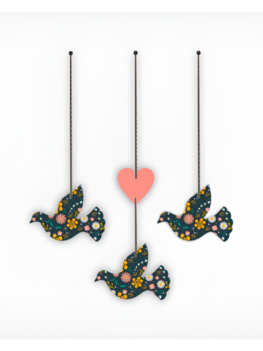 

CVANU Green & Pink 3 Pieces Floral Painted Bird Shape Wooden Wall Hangings