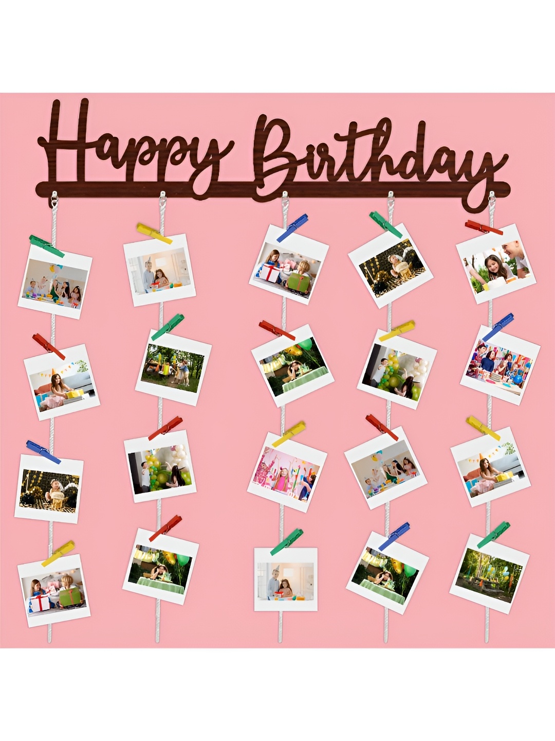 

CVANU Brown Happy Birthday Wooden Wall Hanging with Strings & Clips