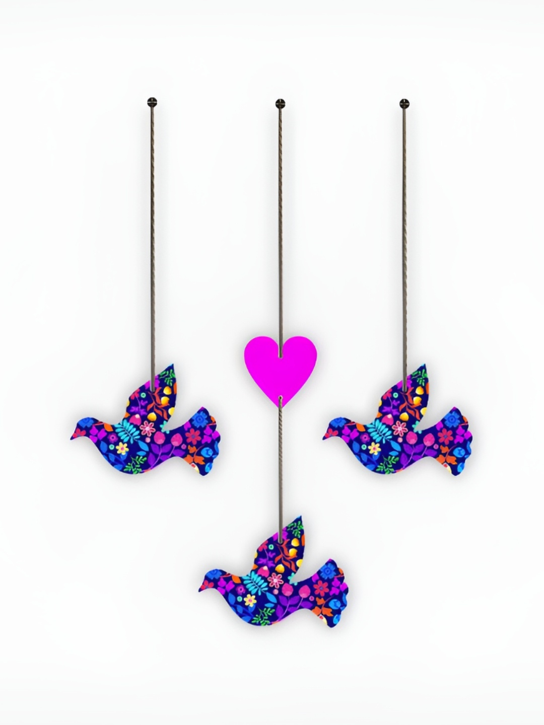 

CVANU Blue & Pink 3 Pieces Floral Painted Bird Shape Wooden Wall Hangings