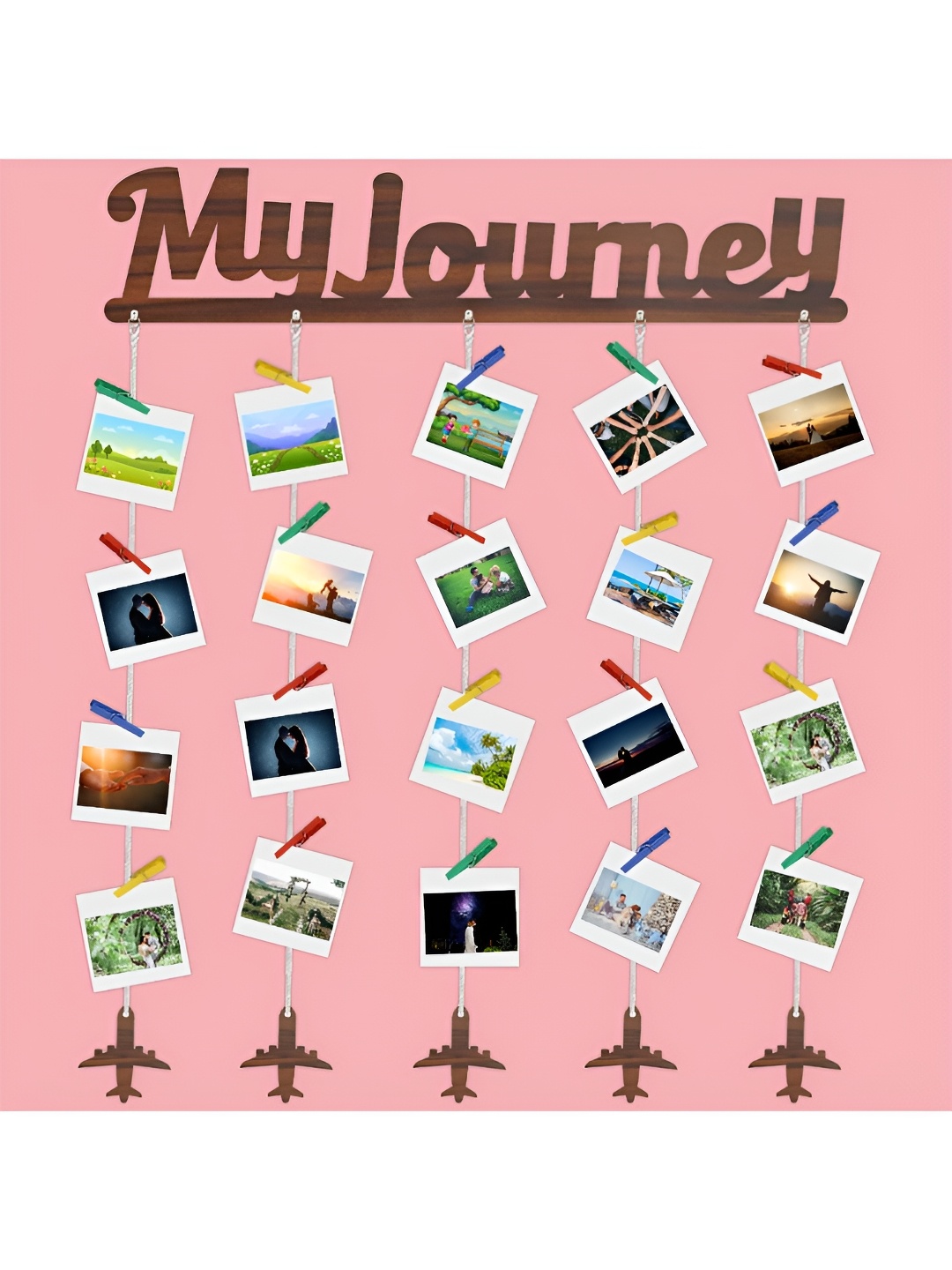 

CVANU Brown My Journey Carved Cut Out Wooden Wall Hanging With Photo Clips