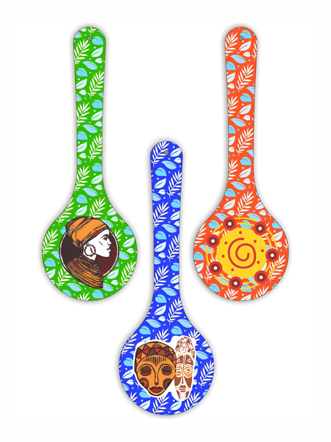 CVANU 3 Pieces Green & Blue Printed Wooden Wall Hangings