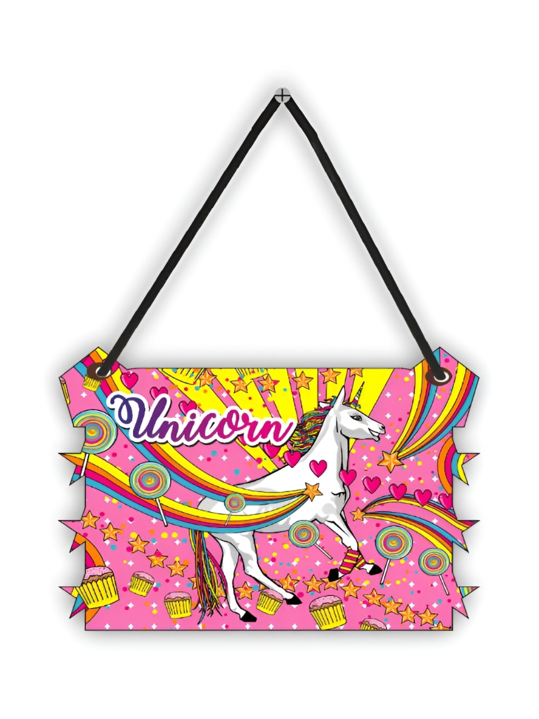 CVANU Pink & Yellow Unicorn Painted Rectangle Wooden Wall Hanging