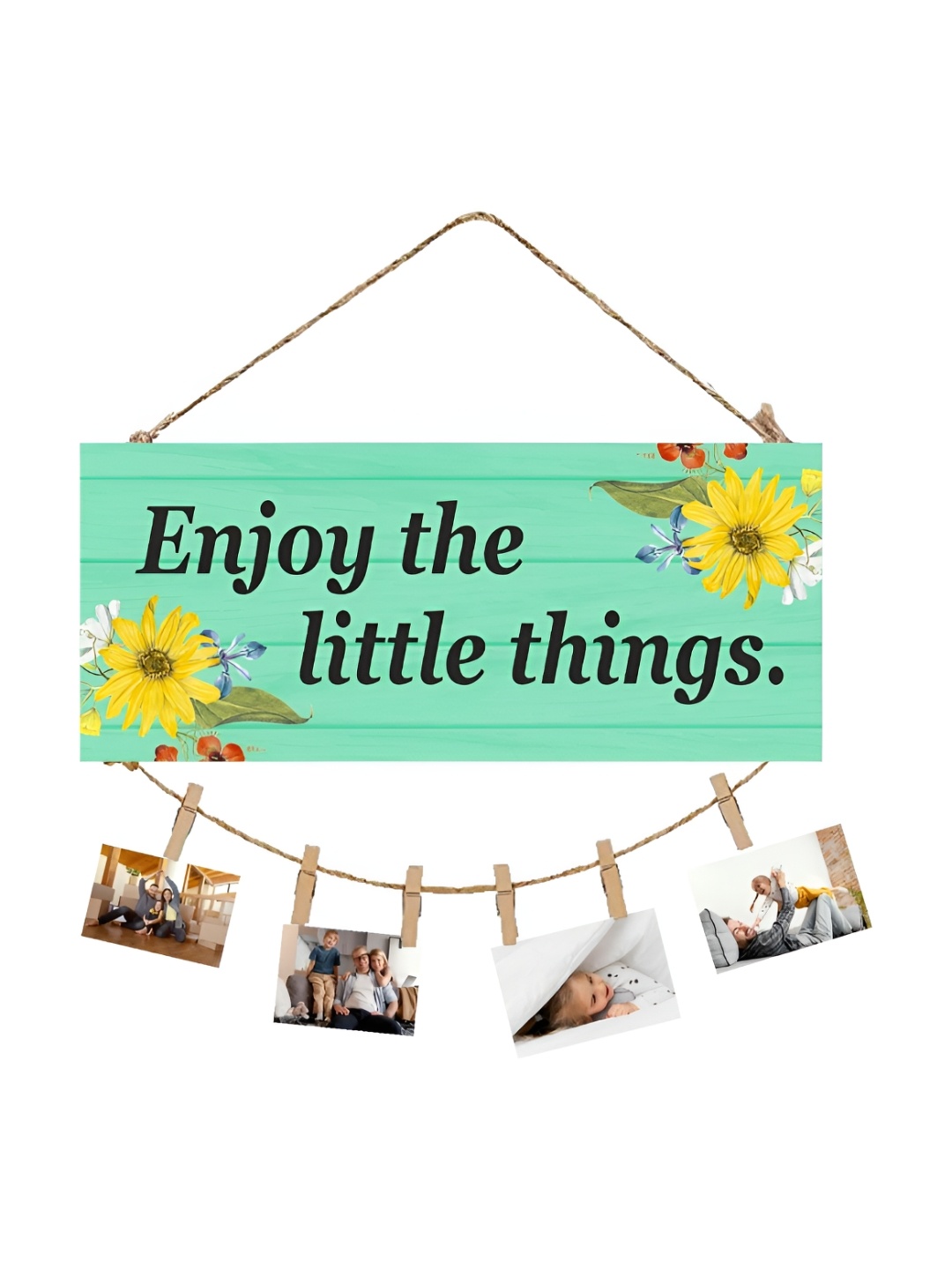 

CVANU Green Enjoy The Little Thing Rectangle Wooden Wall Hanging With Photo Clips